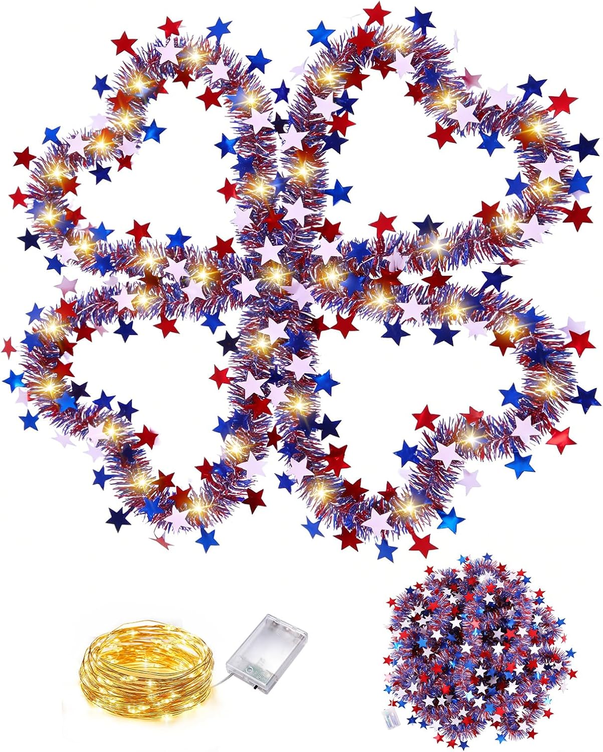 BORUIT 13FT/4M 4th of July Tinsel Garland with LED Lights, Red White Blue Metallic Tinsel with Star Sequins, Battery Operated Lighted Foil Hanging Garland for Independence Day Party Decoration