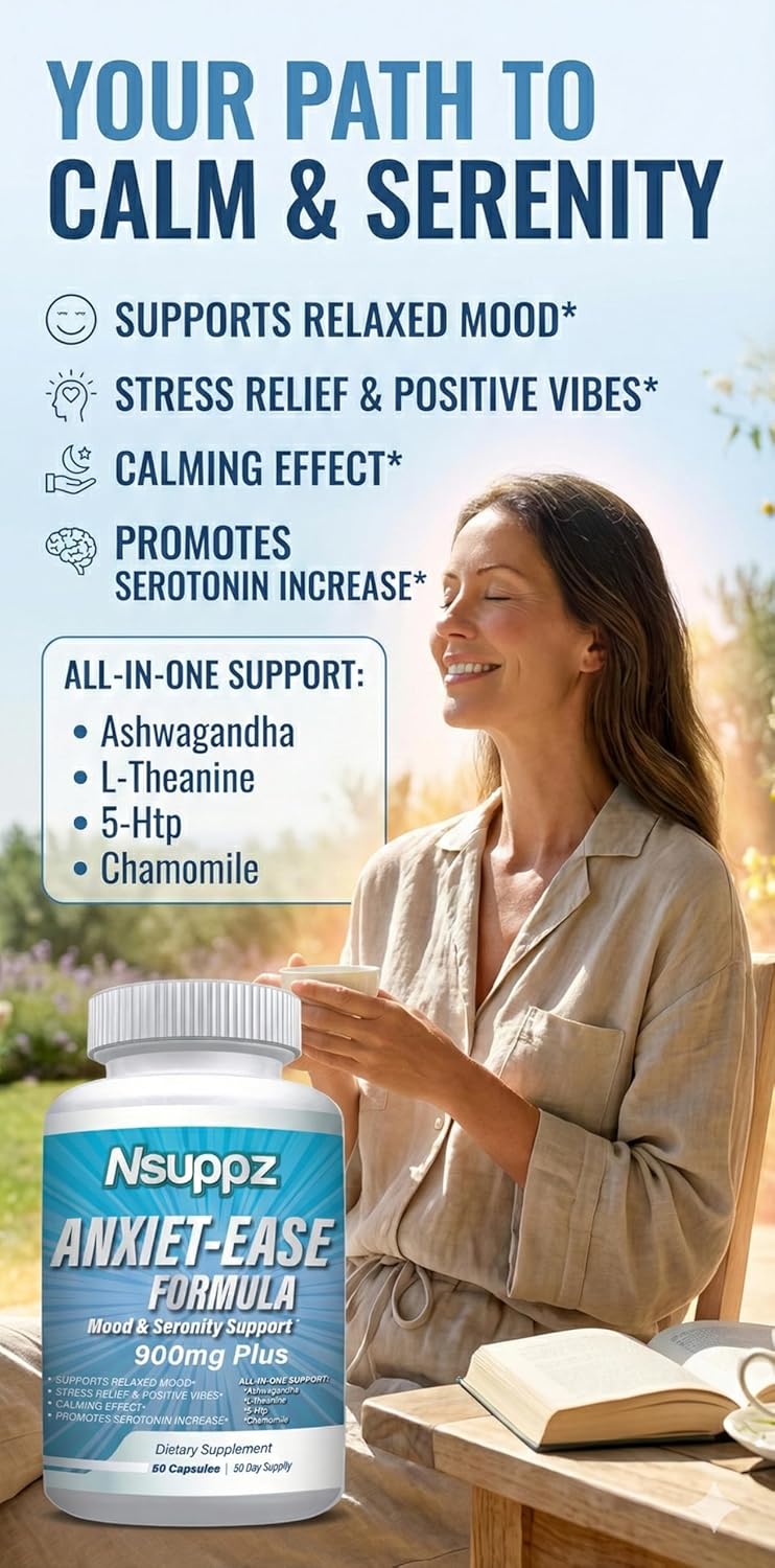 Natural Mood & Serotonin Support - Nutrisuppz Anxiet-Ease Formula with Ashwagandha, L-Theanine, GABA, 5-HTP, Magnesium - 60 Capsules