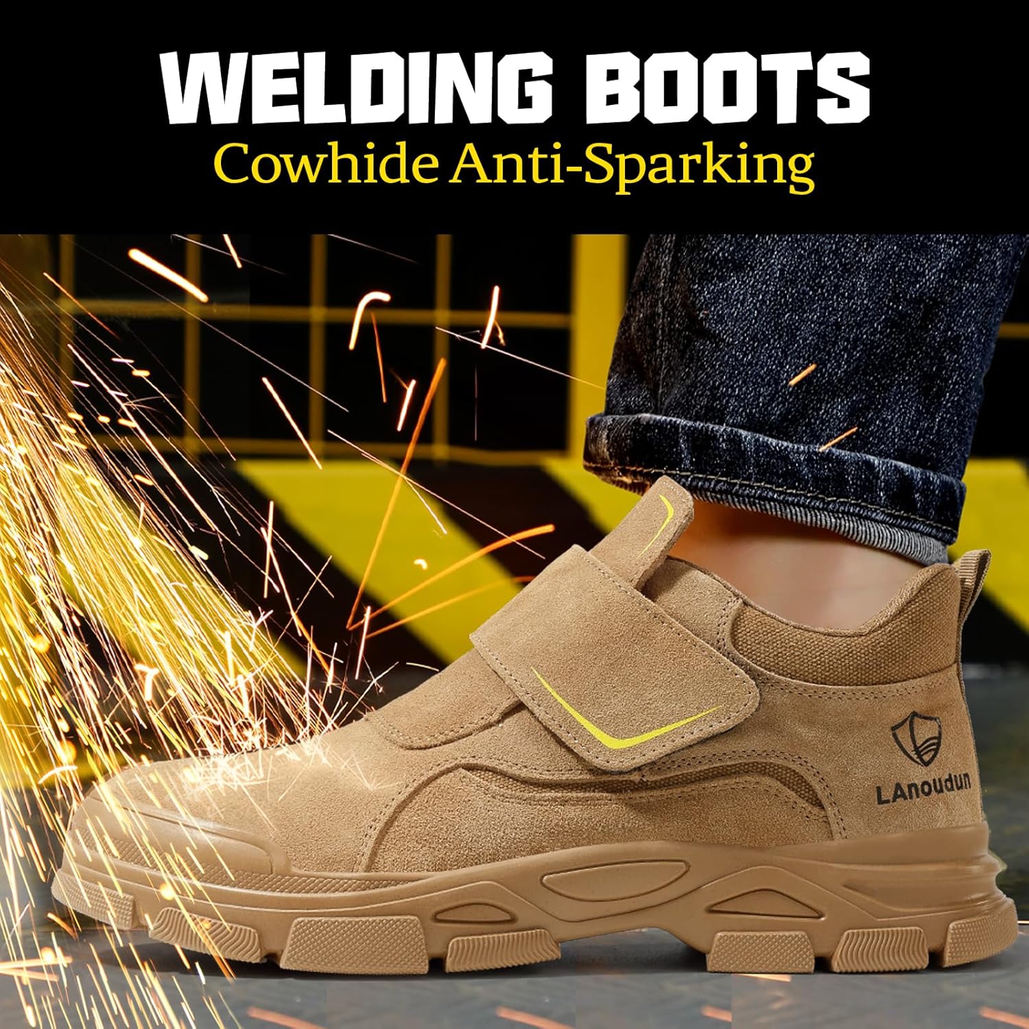 GLANOUDUN Steel Toe Boots for Men Slip on Work Boots for Men Comfortable Safety Boot Indestructible Construction Footwear Laceless Men's Steel Toe Shoes Mid Top Work Shoes