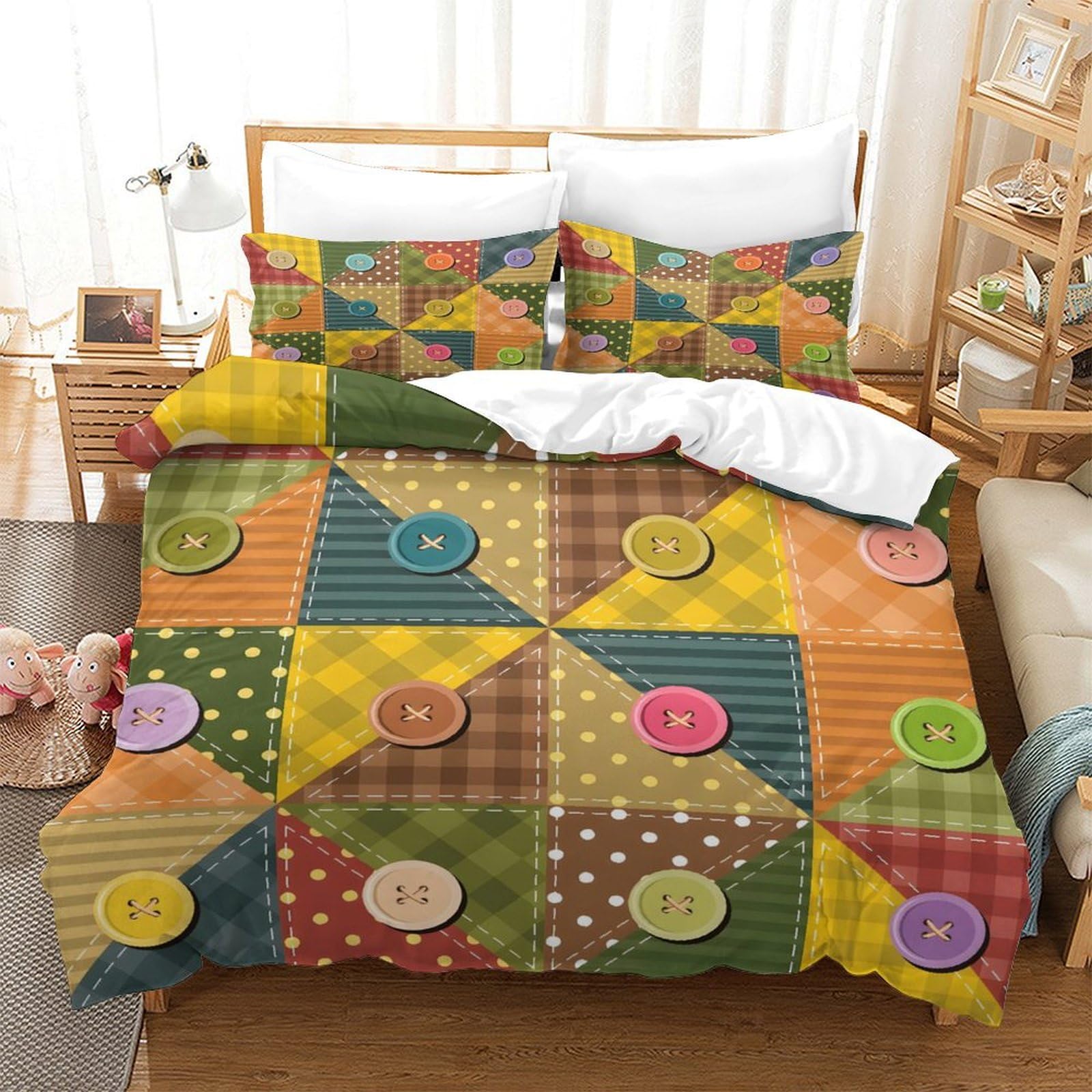 GDEKCIEAS Vintage Patchwork Buttons Kids Bedding Set,Ultra Soft 3Pcs Duvet Cover,Comforter & Bedspread Cover for Boys,Girls,Teens – Easy Care Single（140x200cm）