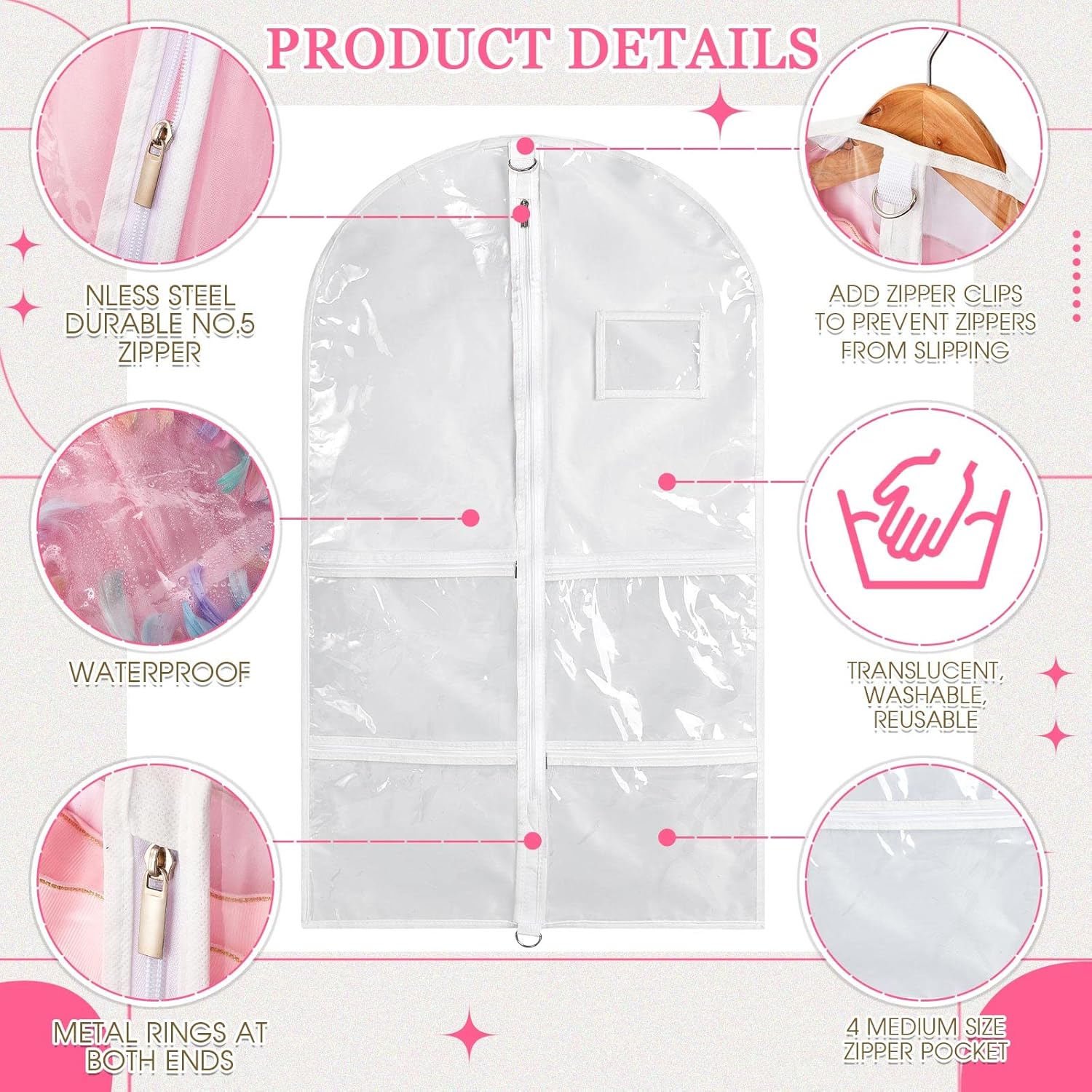 Nuenen 6pcs Garment Bags for Dance Costume Clothing Bags Hanging Clothes Clear Dance Garment Carrier for Dancers with 5 Zipper Pockets Closet Hanging Clothes Cover (White) - Image 3