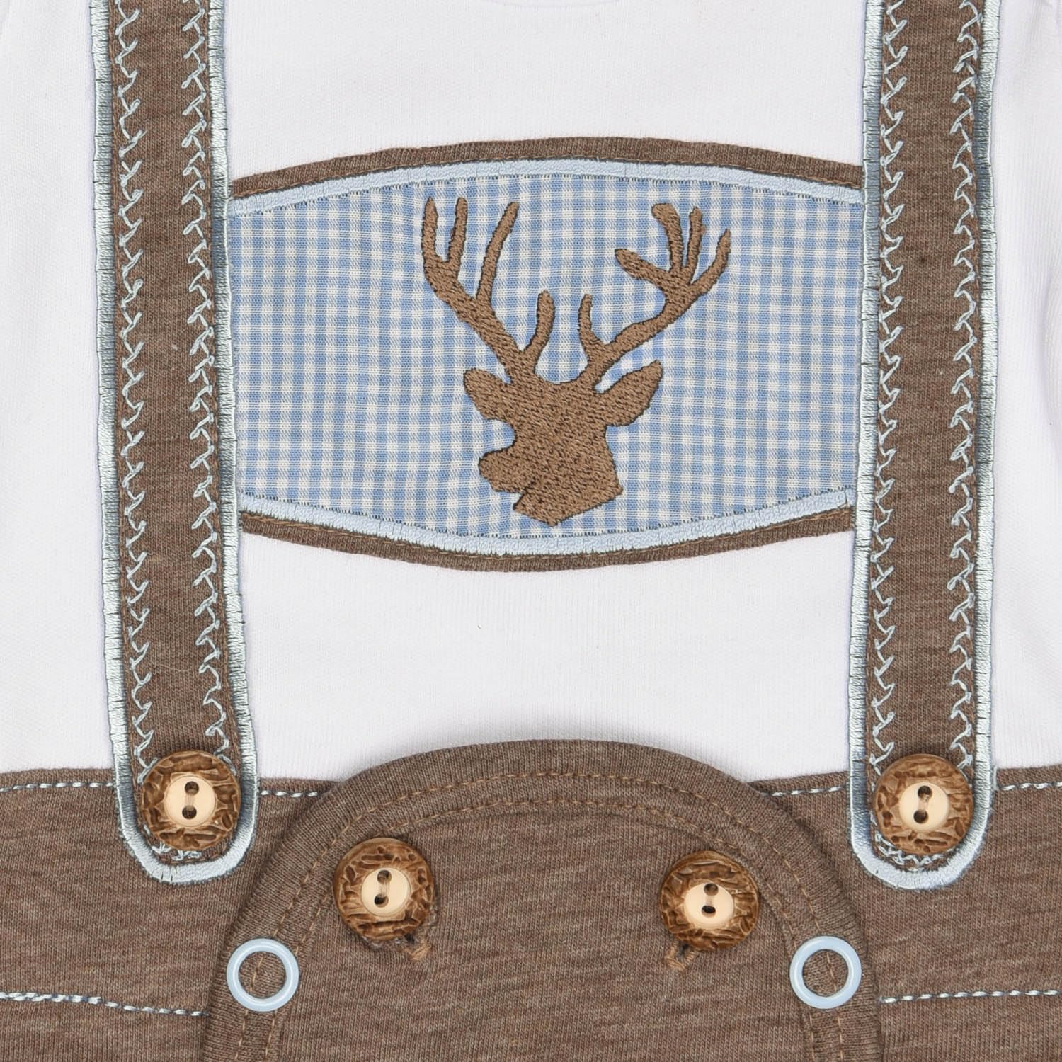 P.Eisenherz Baby Body mit kurzem Arm im Lederhosenlook mit Hosenträger & Hirsch-Stickerei