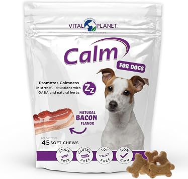 Vital Planet - Calm Soft Chews للكلاب ، يعزز الهدوء في المواقف العصيبة مع GABA و Colostrum و Valerian و Turmeric و Chamomile و L-Theanine - 45 Natural Bacon Flavoured Soft Chews