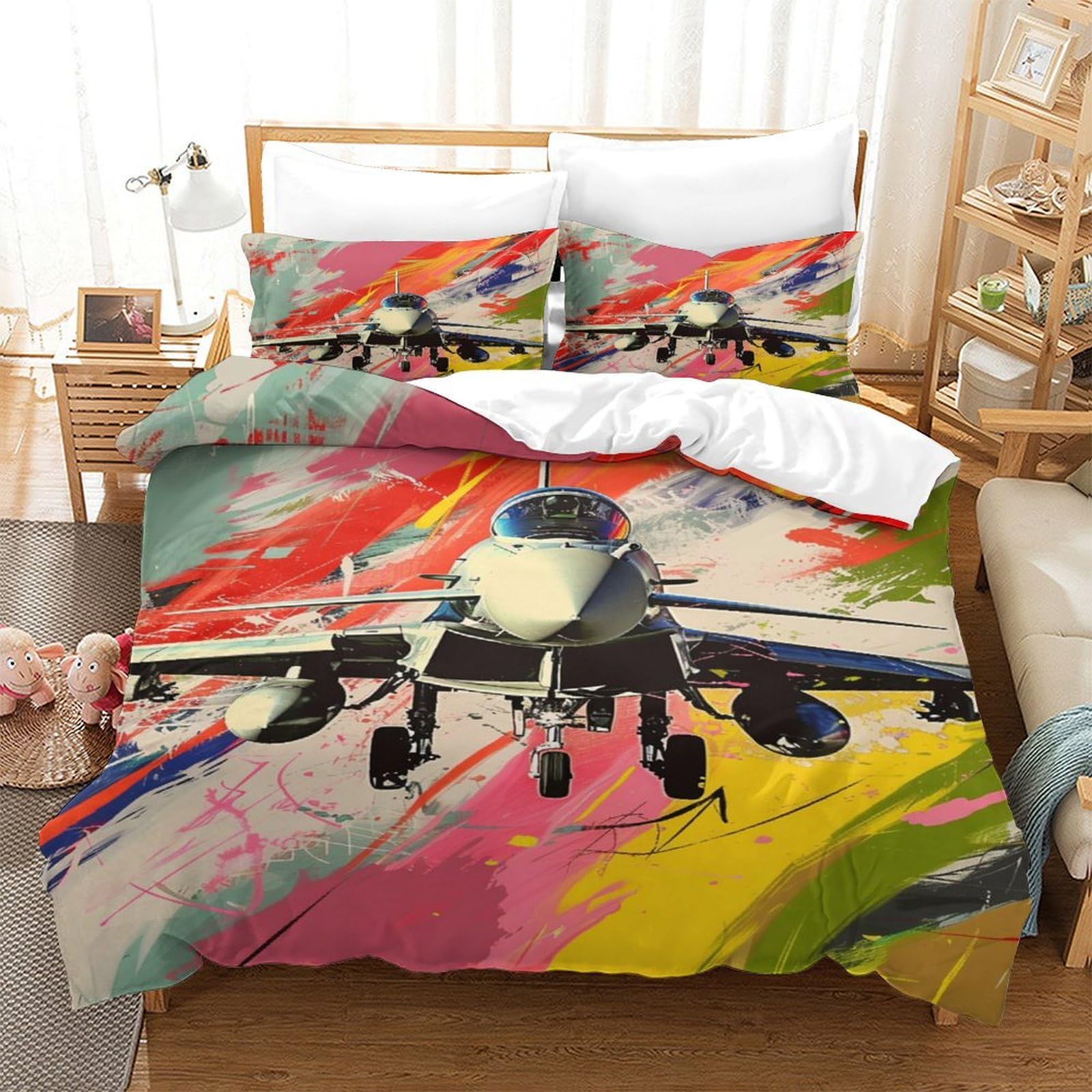 P1S9U7W5Y Color Graffiti Fighter Jet 3D Printed Duvet Cover Set 3pcs Microfiber Aircraft Bedding Set King（220x240cm）