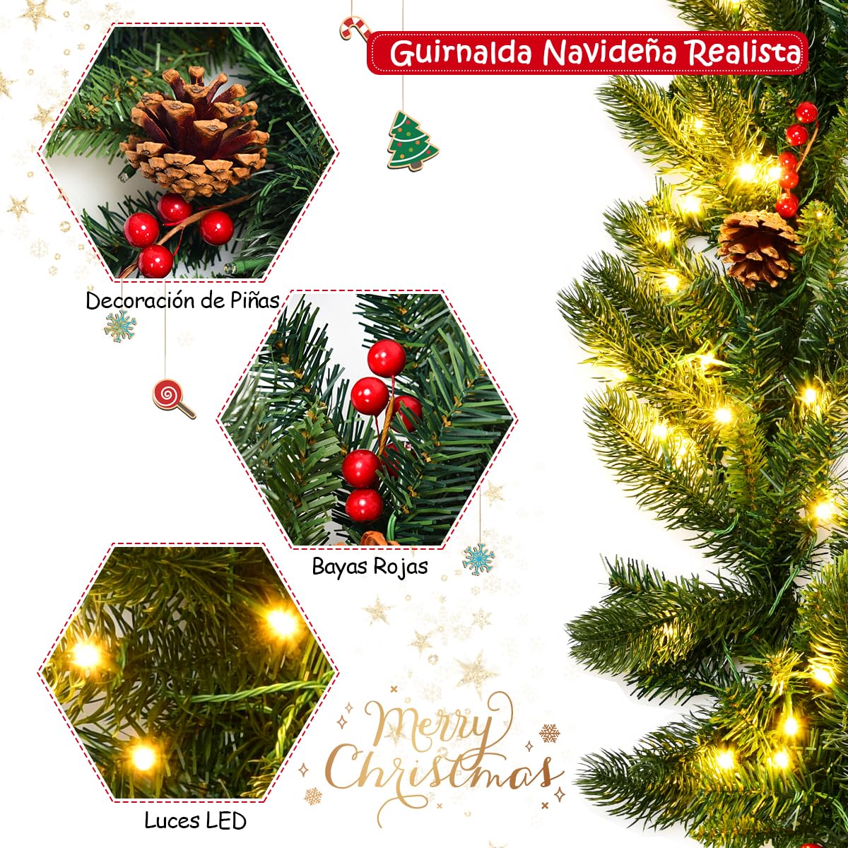 GYMAX Guirnalda de Navidad Decorativa de 270 cm con Función de Temporizador e Iluminación de 100 LED, Guirnalda de Abeto Artificial con Bayas Rojas y Piñas, para Puerta, Ventana, Chimenea, Escaleras