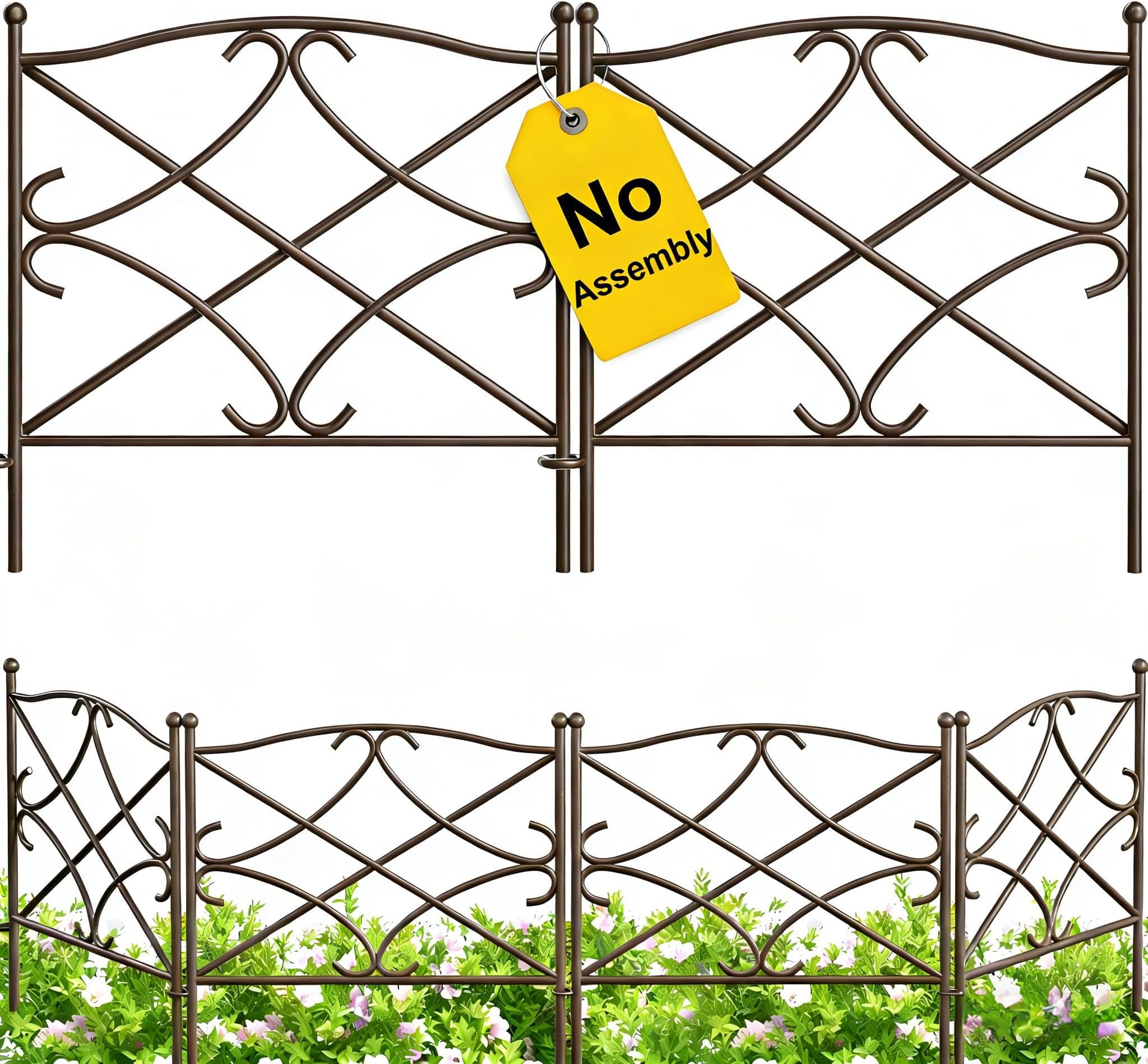 AMAGABELI GARDEN & HOME 5 Panels Decorative Garden Fence 10ft(L) x24in(H) Animal Barrier Dogs Rustproof Metal Landscape Wire Fencing Folding Wire Patio Fences Flower Bed Border Edge Brown