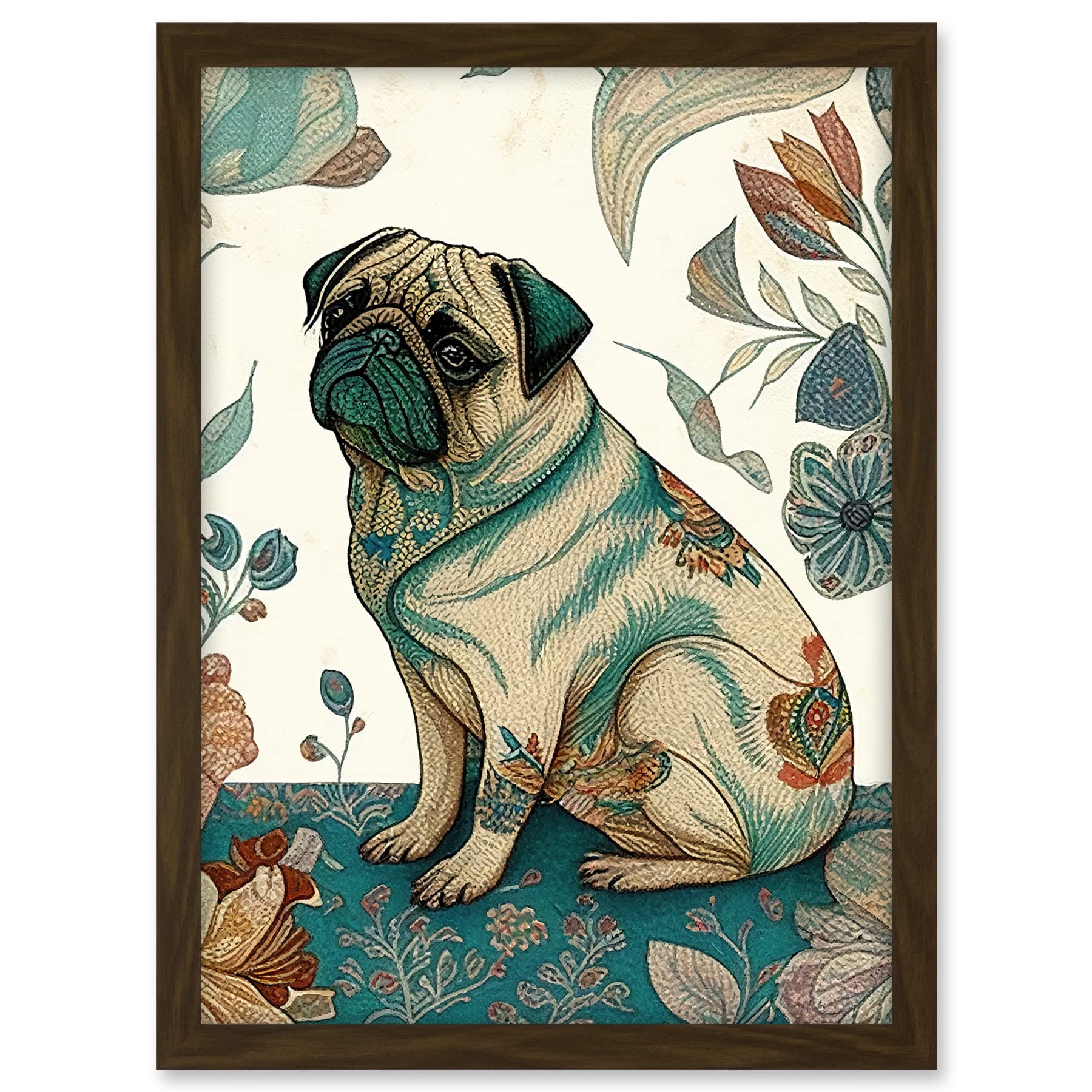 Artery8 Pug Dog with Floral Patterns Vintage Inspired Multicoloured Linocut Illustration Artwork Framed A3 Wall Art Print