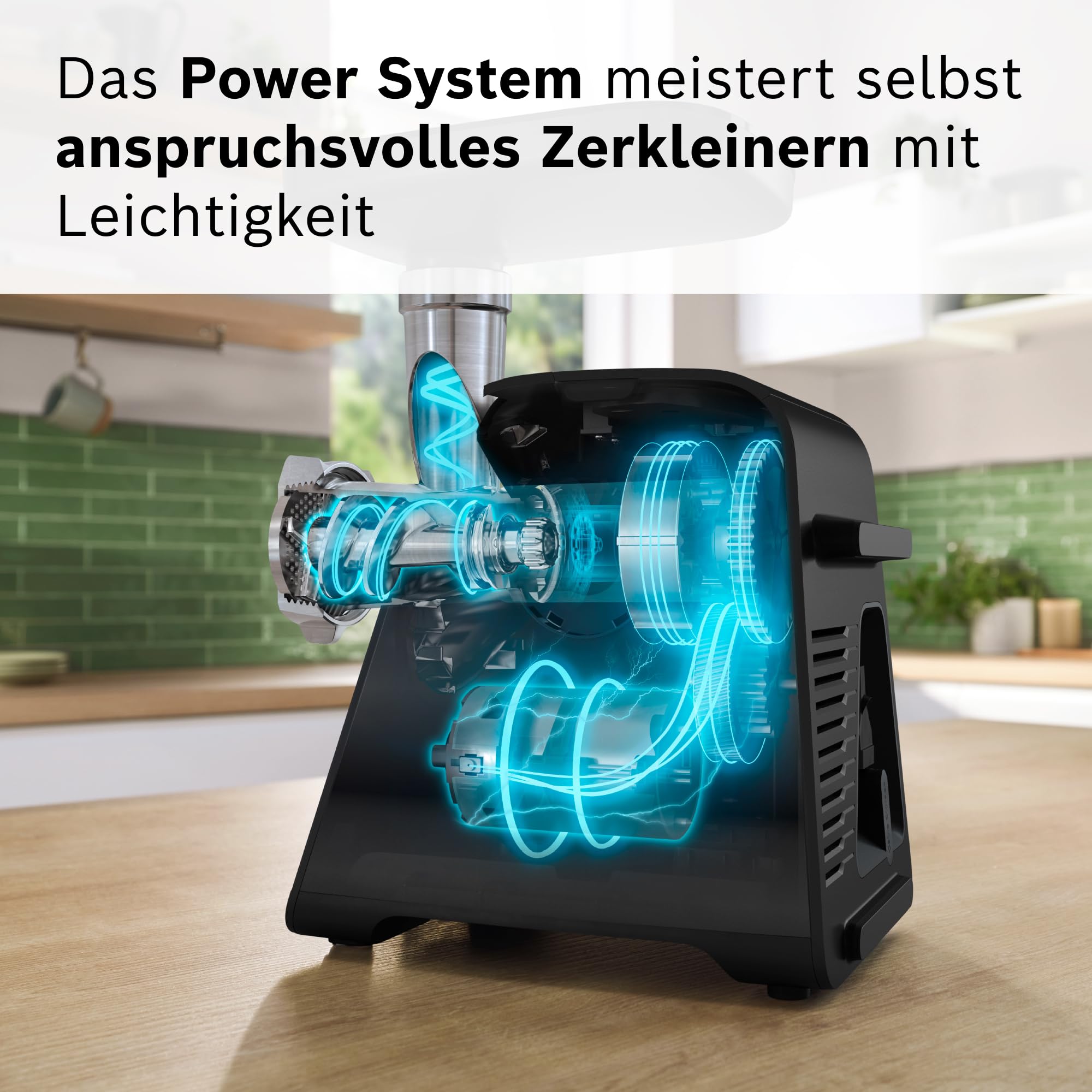 Bosch Fleischwolf Serie 6, 3 Lochscheiben (3, 4,5/8 mm) Edelstahl, spülmaschinenfest, Entsafter, Wurst-/ Kebbe-Aufsatz, elektrisch, stark, kompakt, 2.100 W, schwarz, MultiPower MFWS650B