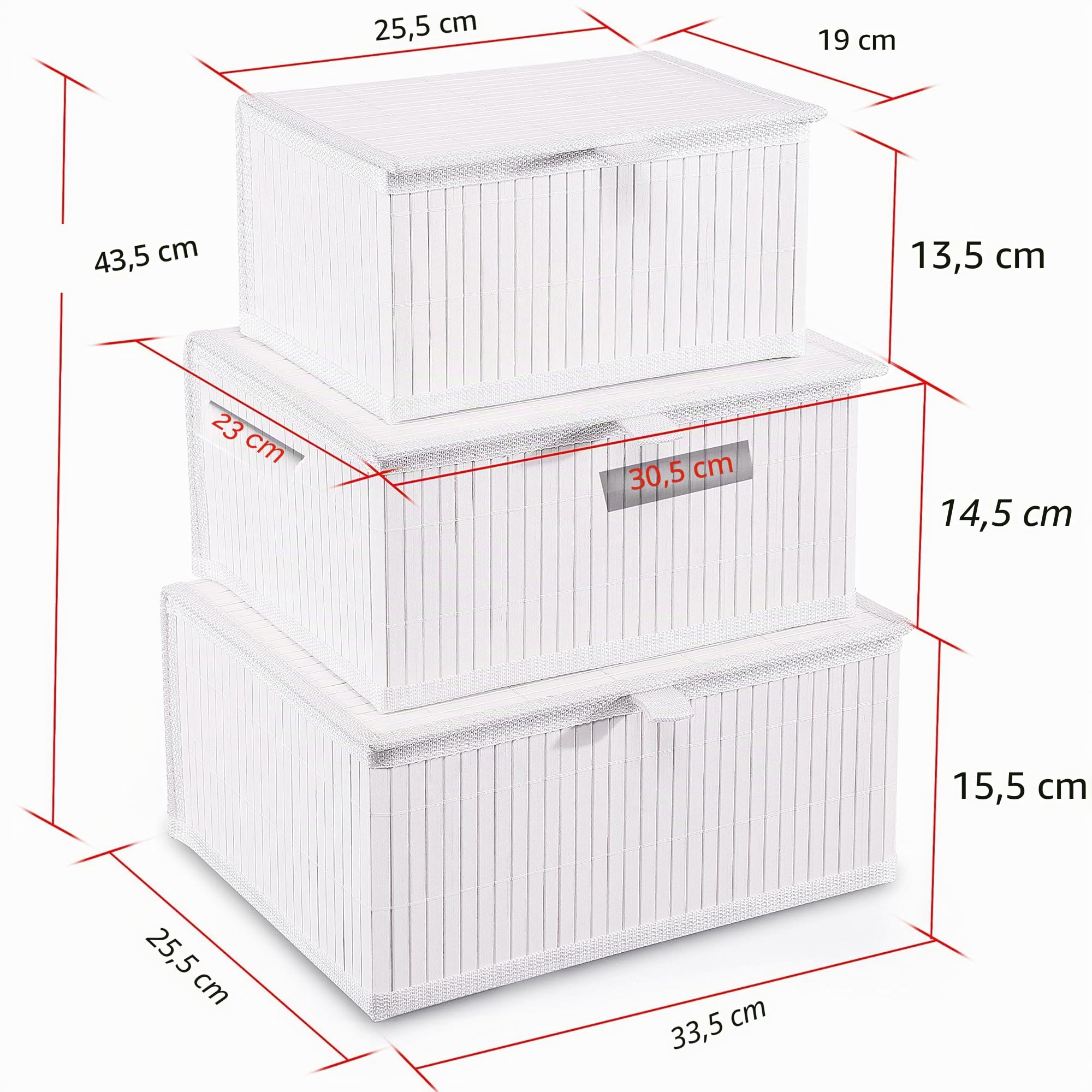 Honygebia Bambú Caja Almacenaje con Tapa - Set de 3 Cestos de Mimbre Decorativas con Forro, Almacenamiento Blanco para el Hogar, Organizadoras de Estantes de Cocina y Baño (Grande/Mediana/Pequeña)