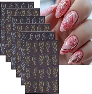 6 Sheets French Lines Nail Art Stickers Gold $& Silver Glitter Love Nails Stickers 3D Self -Adhesive Love Heart Stripes Nail Decals Holographic French Nail Decoration for Women DIY Manicure