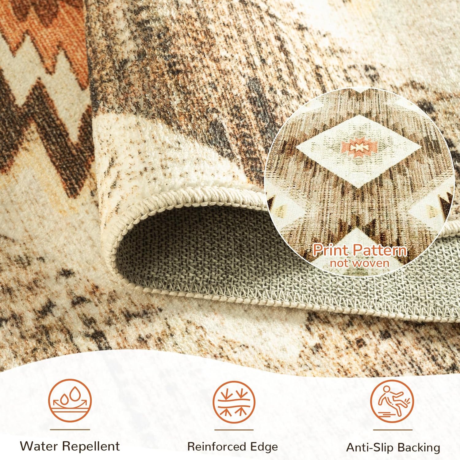 Area Rug 5x7 Rug Machine Washable Non-Slip Low Pile Print Pattern Western Rug for Living Room Bedroom Entryway Tribal Series -Cream/Camel - Image 2