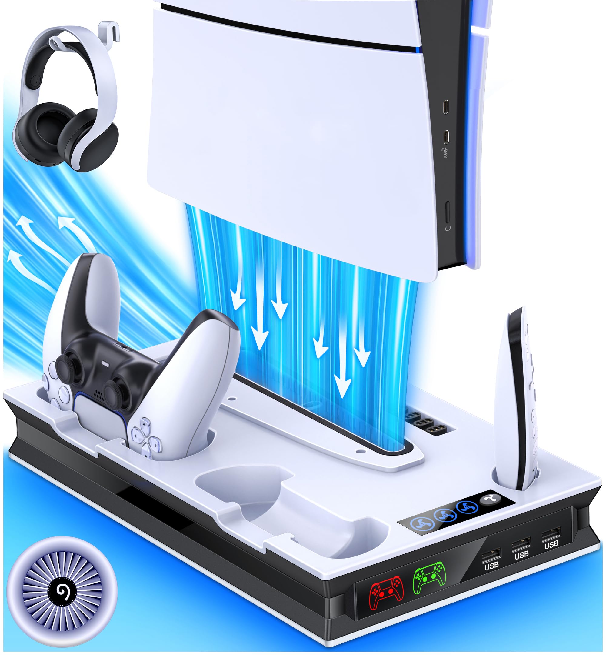 PS5 Pro Slim Ps5 Stand and Cooling Station with Controller Charging Station for Playsation 5 Disc Digital Consoles