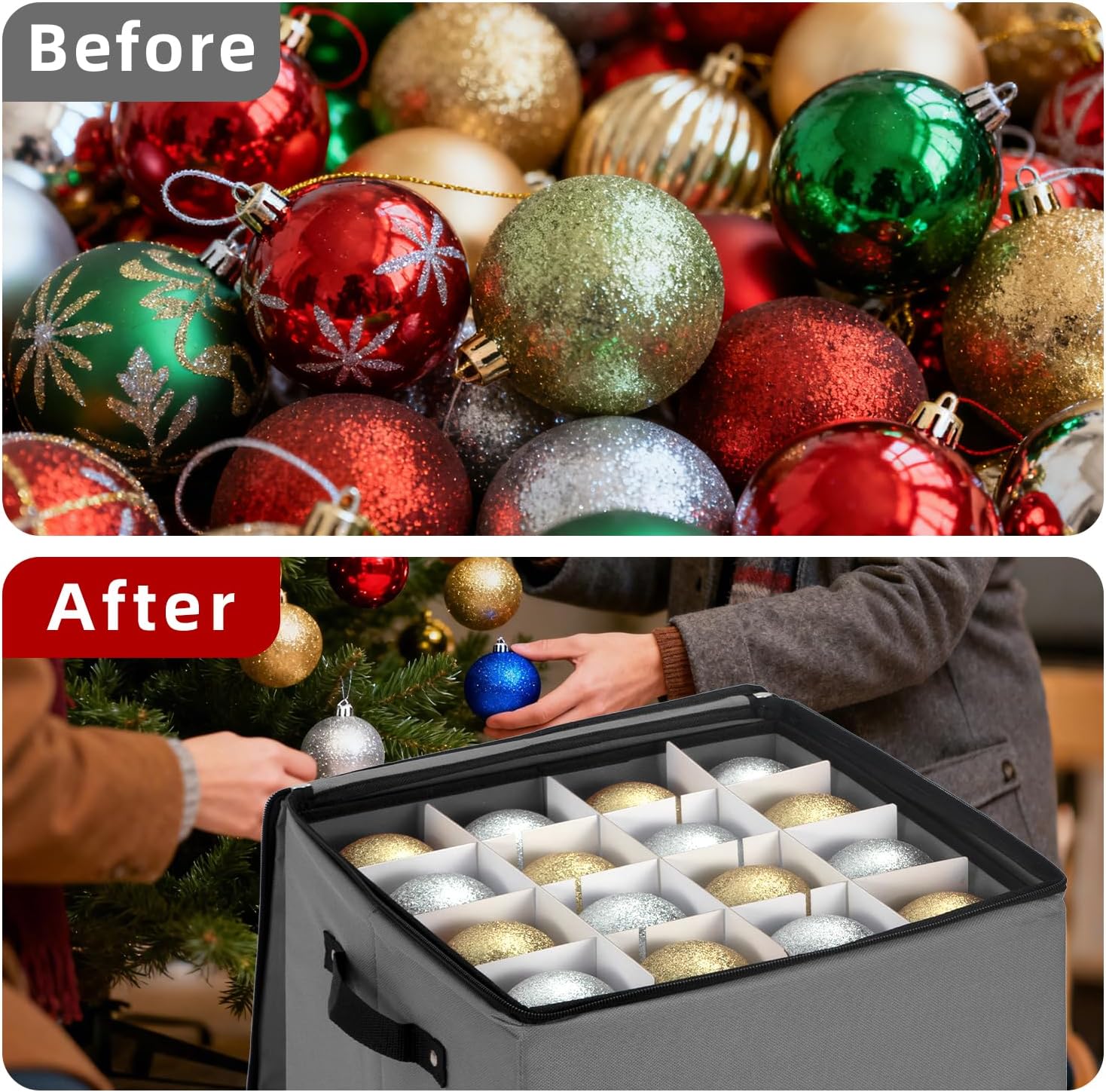 JY COOKMENT Christmas Ornament Storage Box with Adjustable Dividers, Premium Holiday Ornaments Storage Container Bin with Zippered Top for Xmas Decorations (64-3" Balls, Gray, With Tray) - Image 6