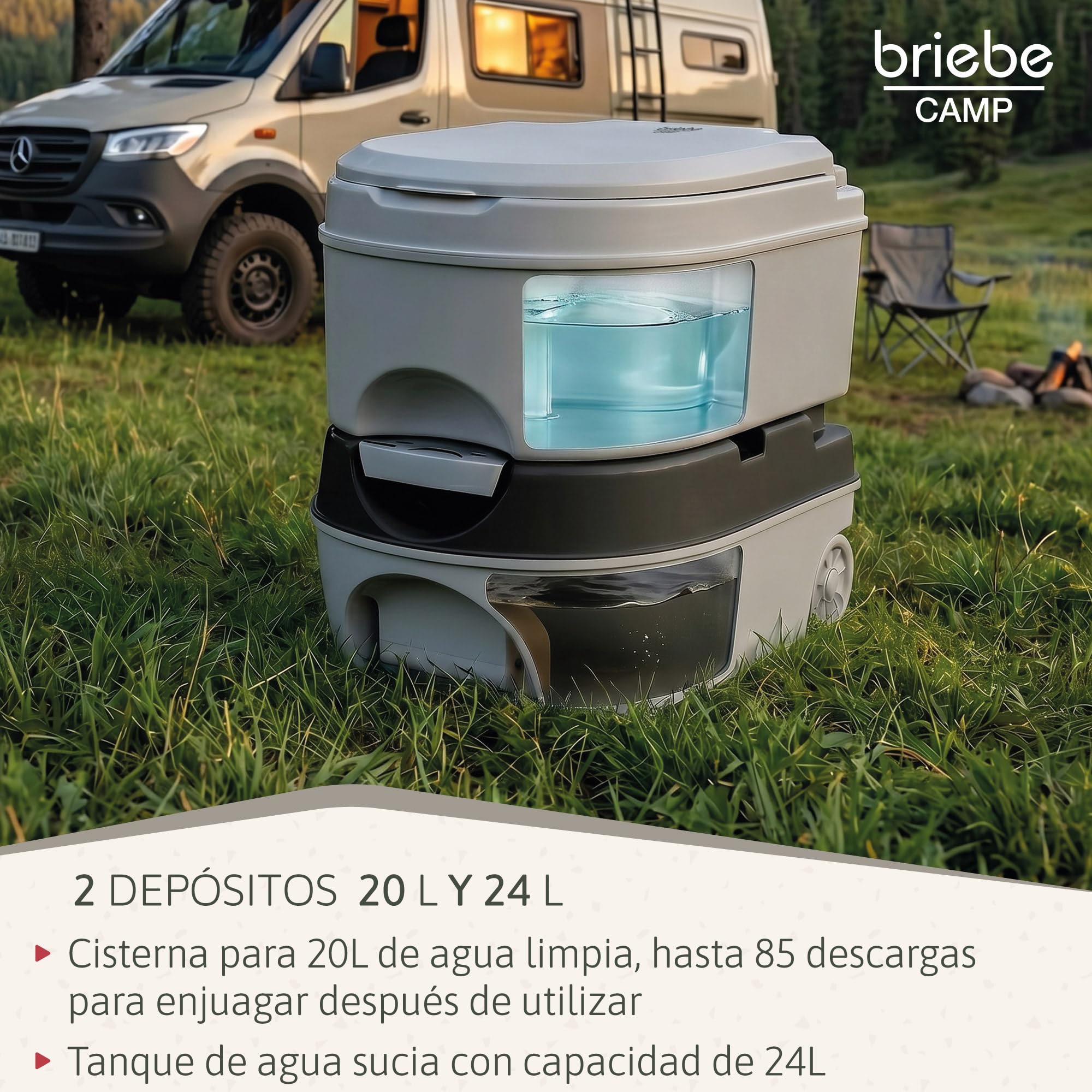 briebe Camp WC Inodoro Portátil Químico con Ruedas Adultos Potty 24L Camping, Camper, Auto Caravana, Water con Cisterna Descarga Agua 20L, Válvula Drenaje sin Fugas, Fácil Limpiar y Vaciar WC1196G