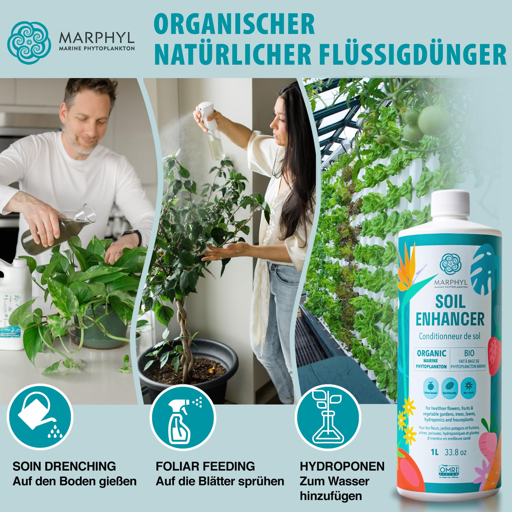 Pflanzen Dünger Zimmerpflanzen und Garten - Marine Phytoplankton Bodenverbesserer und Hydrokultur Dünger für Gräser, Blumen, Bambus, Sukkulenten, & Gemüse - MARPHYL Bio Pflanzendünger Flüssig