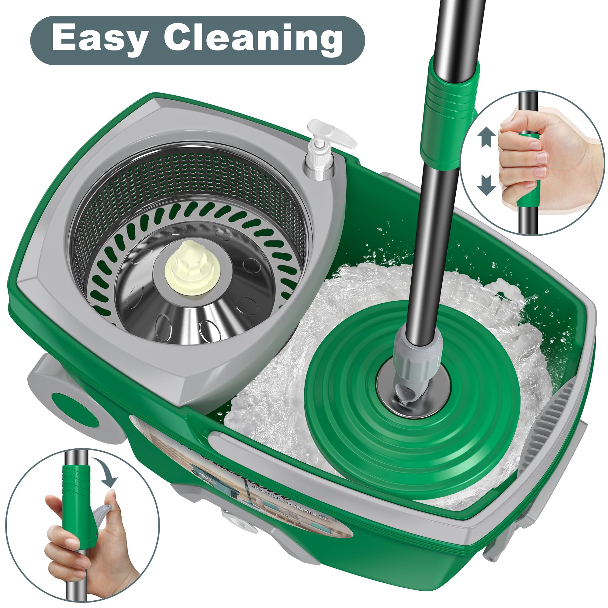 Mopa giratoria de doble compartimento y cubo, fregona y cubo con juego de escurridor, fregona giratoria de 360° para limpieza de suelos con 6 cabezales de repuesto de microfibra, mango extendido de 61