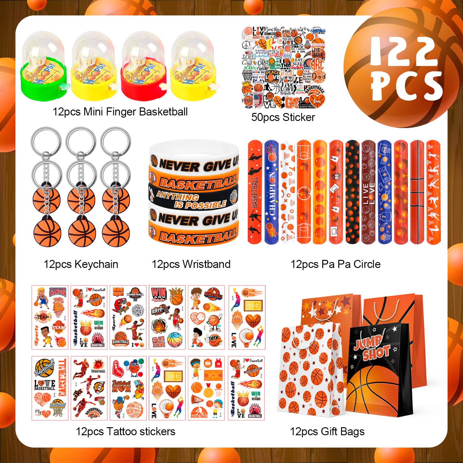 Bomboniere per Feste a Tema Basket,122 Pezzi Bomboniere a Tema Basket Set-Pallacanestro Goodie Bags Portachiavi Adesivi etc Decorazioni per Feste di Basket