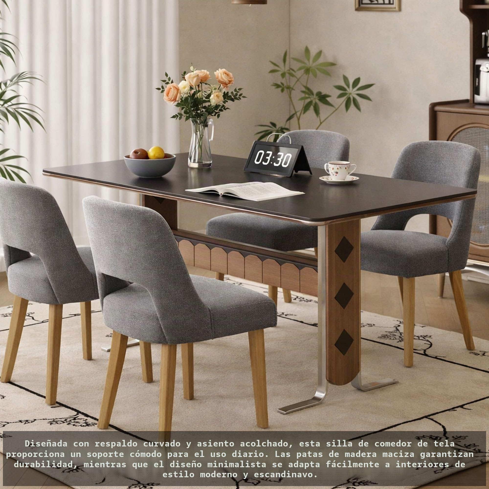 TIANSHU Sillas de Comedor Tapizadas con Respaldo Curvado, Silla de Tela con Patas de Madera Maciza, Silla de Cocina Moderna Acolchada para Comedor Salón Dormitorio (Juego de 2, Gris)