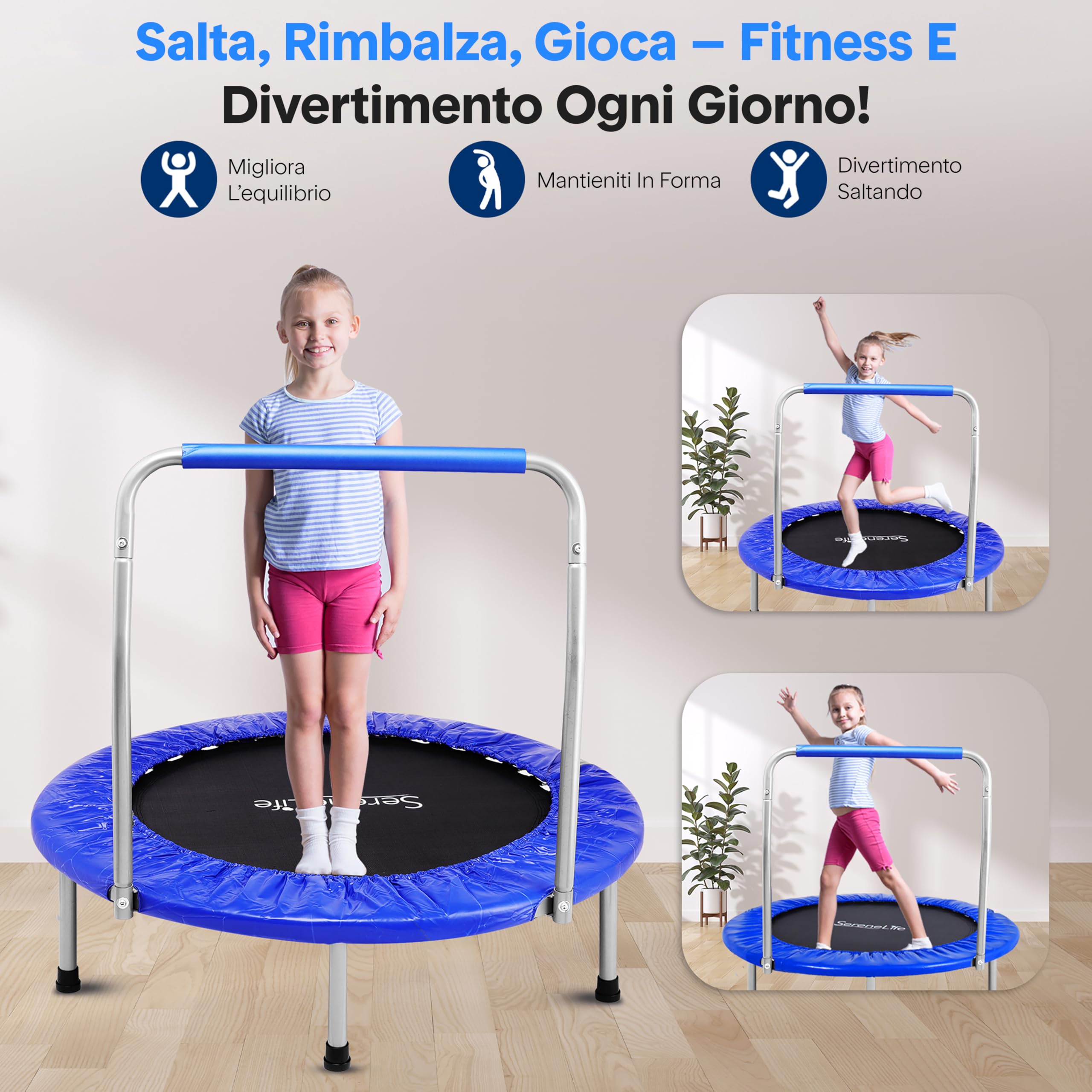 SereneLife Trampolino Elastico per Bambini Pieghevole 91/102 cm, Trampolino per Palestra in Casa con Maniglia in Schiuma, Giochi Bambini fino a 100 kg