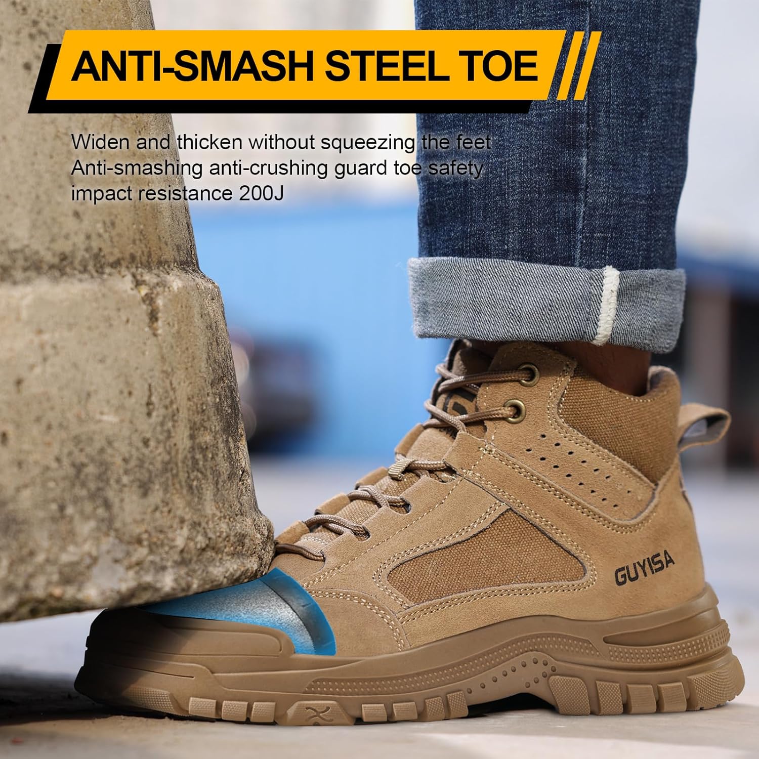 Work Boots for Men,Indestructible Steel Toe Shoes,Breathable High Top Steel Toe Boots for Men,Non Slip Lightweight Safety Work Shoes. - Image 3