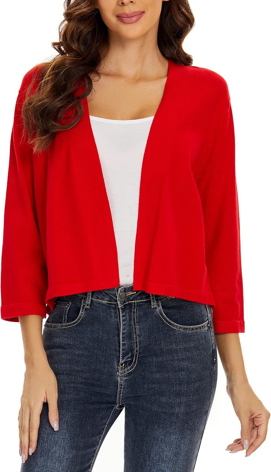 Satuun Women's 3/4 Sleeve Shrugs Lightweight Open Front Cropped Cardigan Tops Autumn-red2 Small