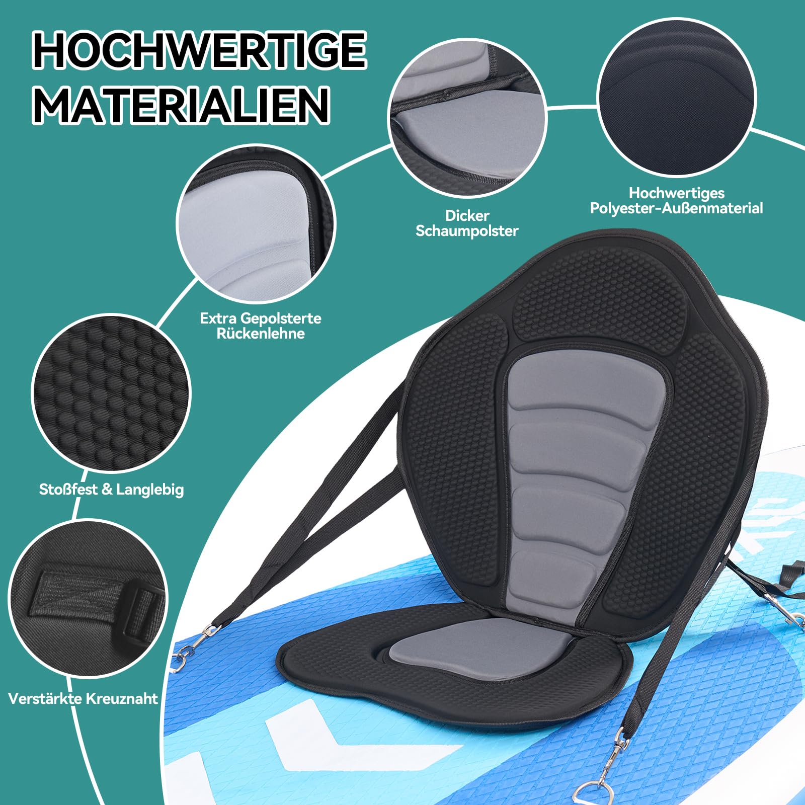 Kajak Sitz, Universal Abnehmbar Einstellbar Kajaksitz SUP Board Zubehör Stand Up Paddle Board Surfboard Gepolsterte Rückenlehne 51x45cm Kompatibel mit Kajak, Ruderbooten
