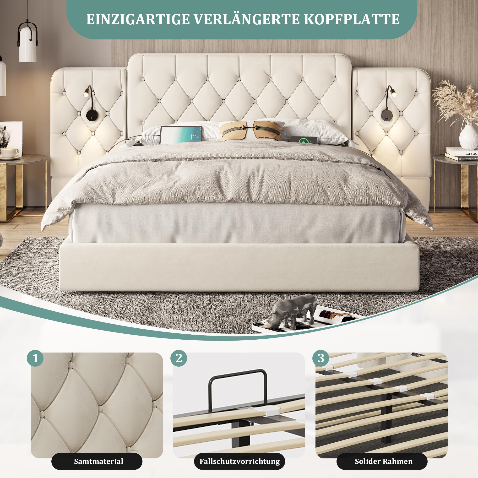 Estructura de cama con cabecero largo, 160 x 200 cm, material de terciopelo moderno, varios puertos USB, lámpara de escritorio, sistema hidráulico, espacio de almacenamiento extra grande, color