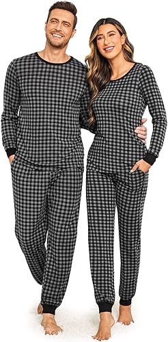 Ekouaer Pijamas a juego para parejas, pijamas de manga larga a cuadros, ropa de dormir suave con bolsillos, S-XXL