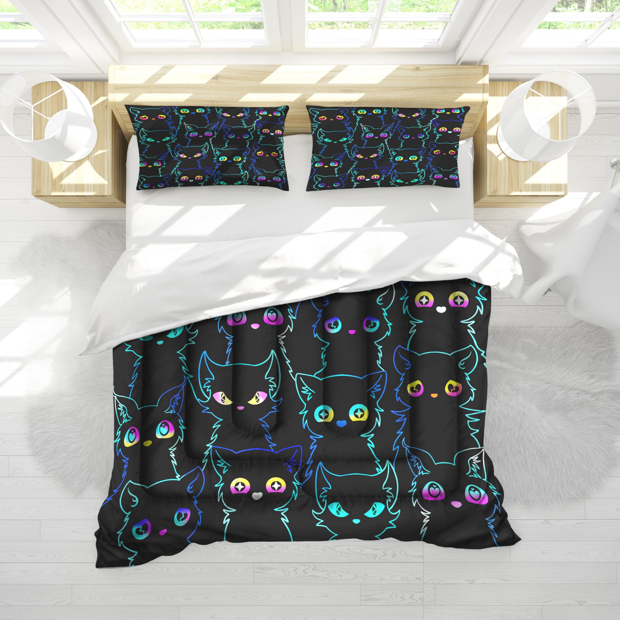 Uyivugmo Kids Cat Cartoon Comforter Bedding Sets for Child Gradient Line Cute Cat for Teens Kids Boys Girls Adults Room Decor Includes Comforter with 2 Pillowcase