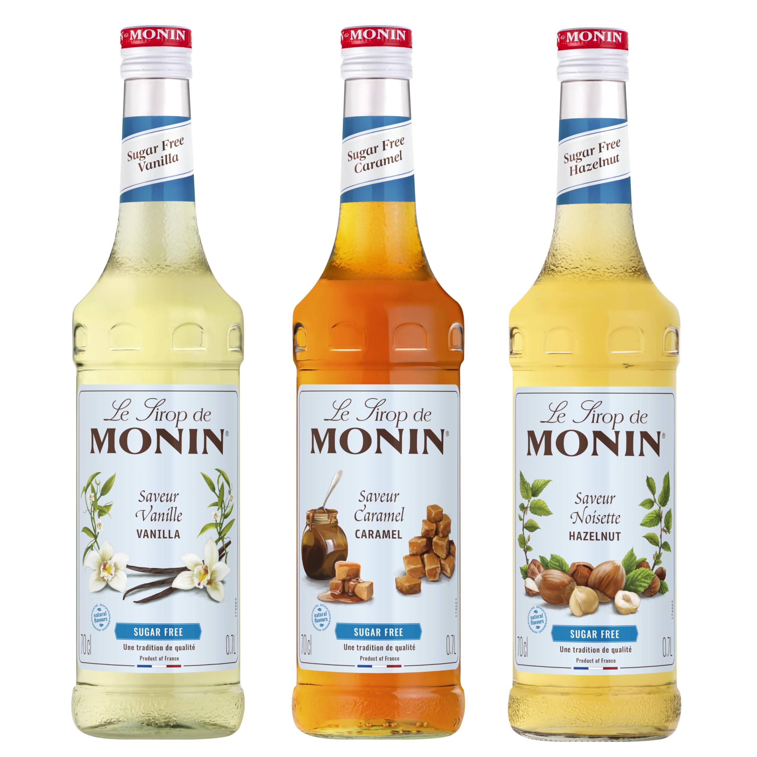 MONIN - Assortiment MONIN Sans Sucre Saveurs Vanille, Caramel, Noisette - Pour Café, Chocolat Chaud, Capuccino ou Latte - Arômes Naturels - Bouteille en Verre - 3 x 70 cl