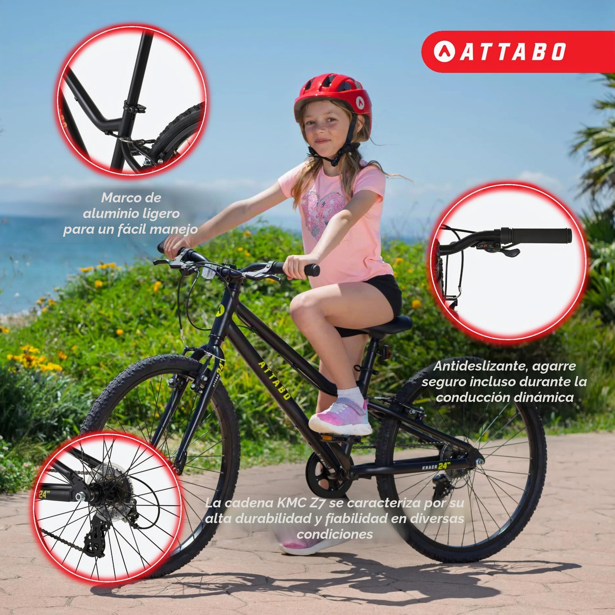 ATTABO Knack 24 - Bicicleta Infantil (7-11 años) con Cuadro de Aluminio Ligero (Solo 10 kg), Ruedas de 24", Horquilla de Acero, para 120-145 cm, Manillar ergonómico Ideal para Senderismo y Tiempo