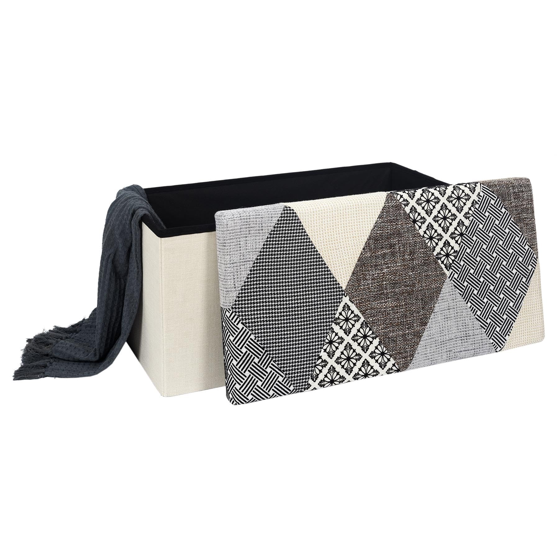HOME DECO FACTORY Chest, Bench, Patchwork, Grey, Bench, Foldable, for Living Room, Bedroom, Dining Room, Multicoloured, 76 x 38 x 38 cm