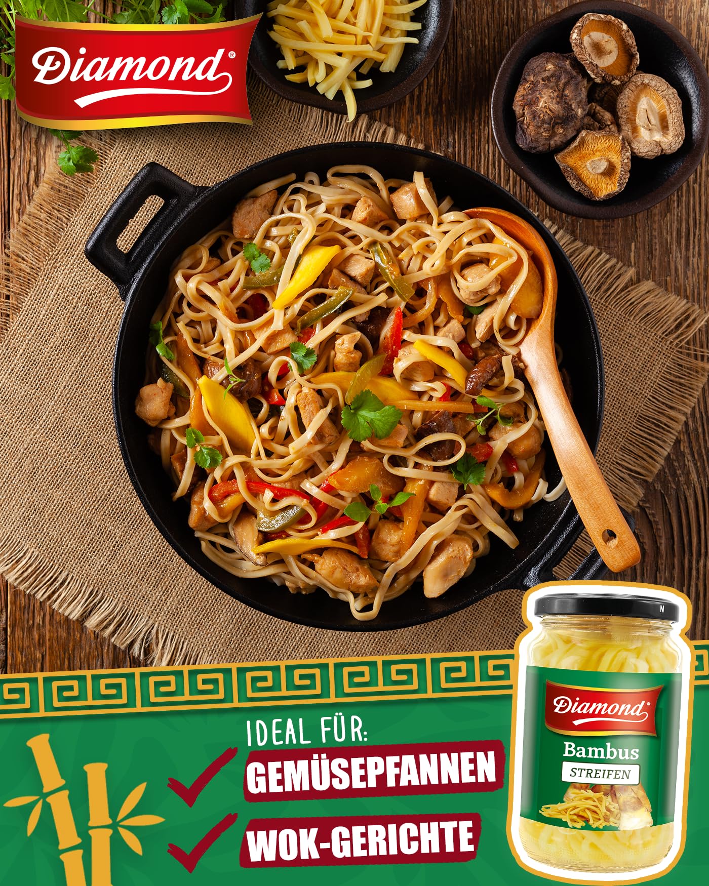DIAMOND Bambusstreifen, eingelegtes Asia Gemse im Glas, geeignet fr  Wok-Gerichte, low carb - 6 x 330 g : Amazon.de: Lebensmittel & Getrnke