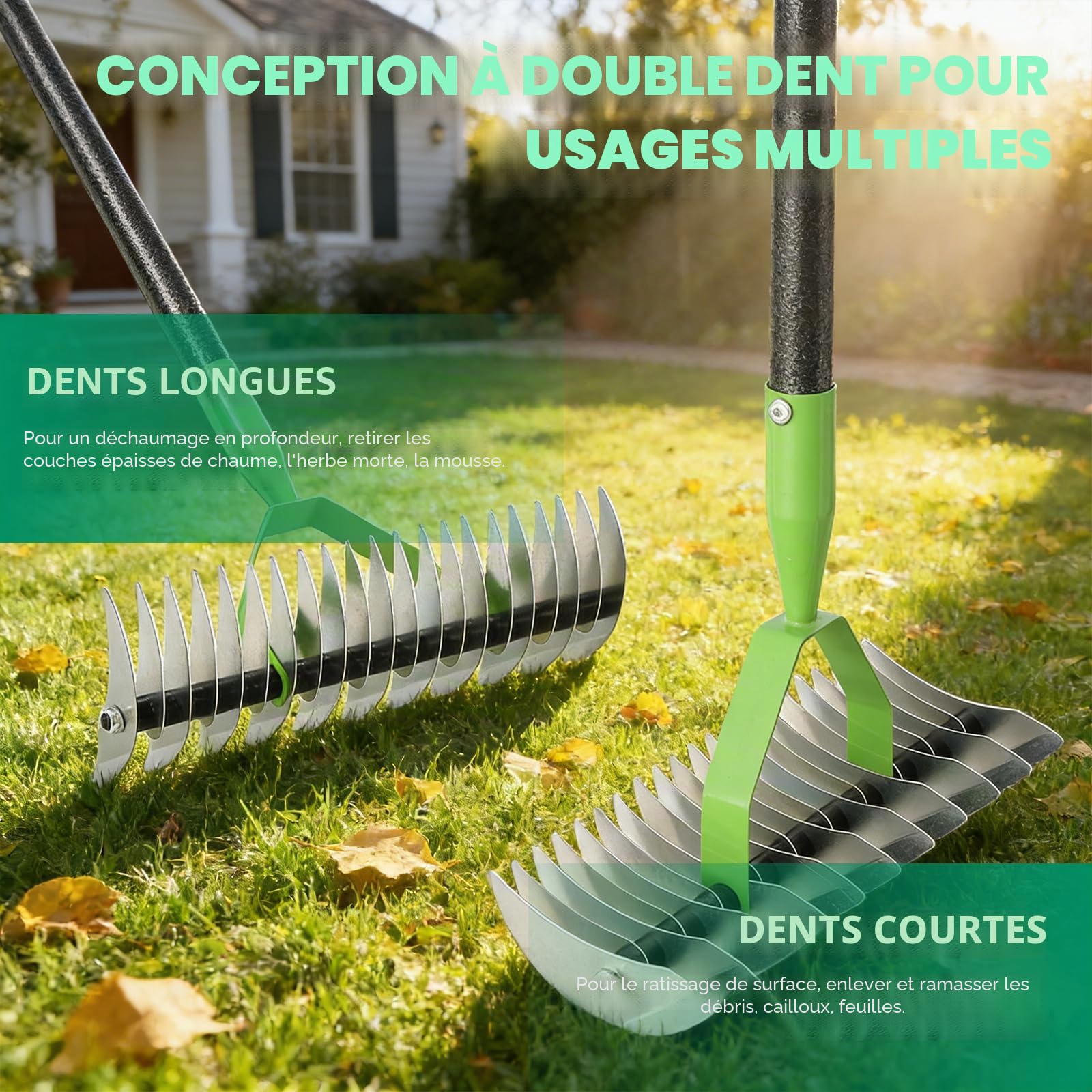Râteau à chaume, râteau à Gazon 170 cm pour Le Nettoyage du Jardin, 21 Dents, Largeur 33 cm, râteaux en Acier métallique, Outils de Jardinage pour l'aménagement paysager
