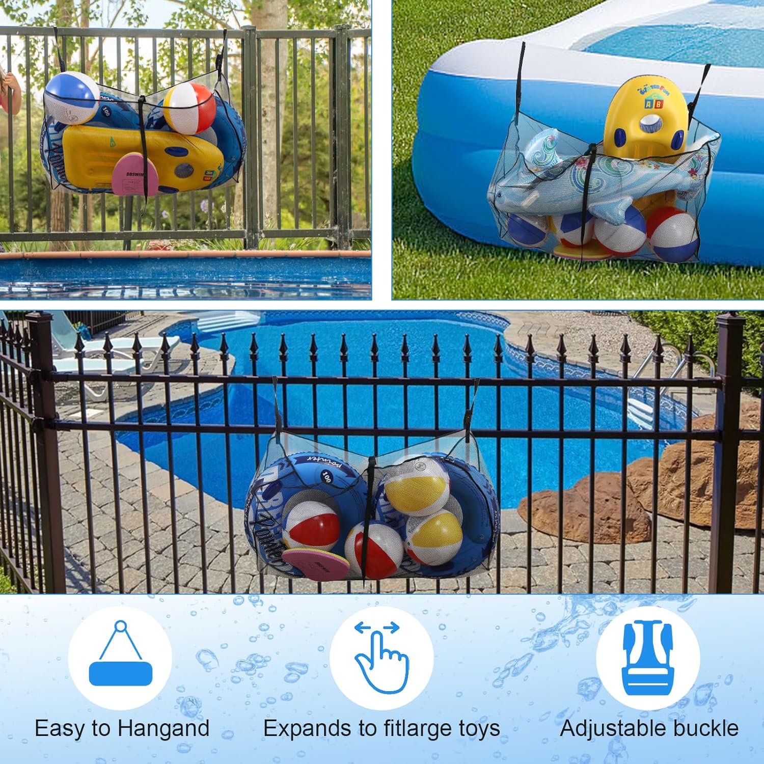 Pool Float Storage Bag,Pool Float Toy Storage Mesh Bag,Adjustable Pool Toy Hanging Mesh Organizer Net Bag for Rafts,Floats,Balls,Noodle,Water Inflatable Toys and Other Swimming Pool Accessories