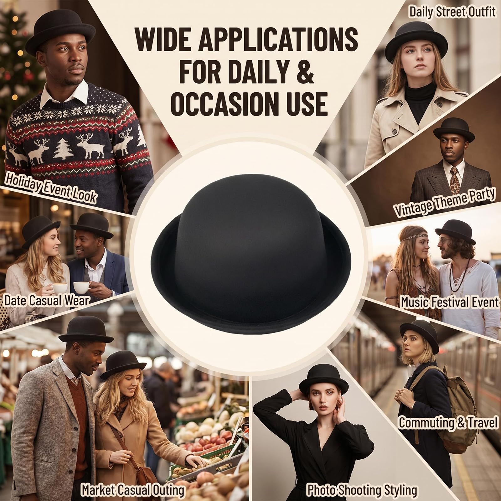 Chapeau melon Derby noir vintage à bord roulé pour homme et femme 56-58 cm