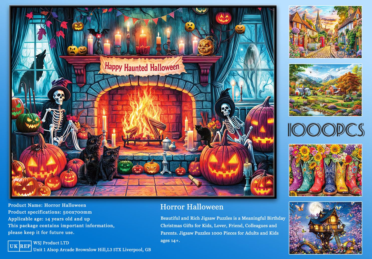 Halloween-Nacht-Puzzle mit 1000 Teilen, Retro-Horror-Kunst, 1000 Teile Puzzle für Kinder und Erwachsene, 1000-teiliges Spukhaus-Puzzle (70,1 x 50 cm)