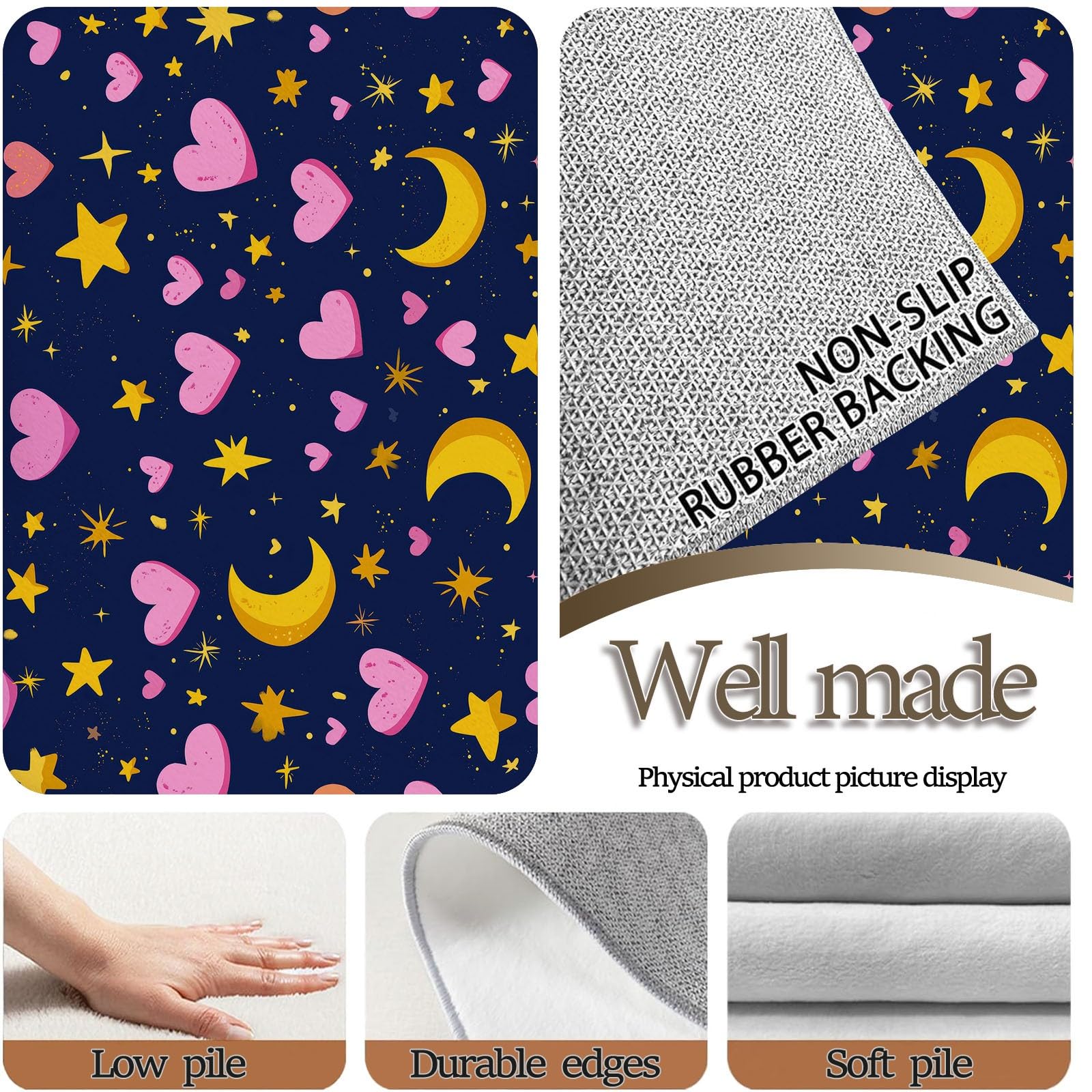 Generisch Teppich Waschbar 80 x 150 cm,Sterne Mond Herz Teppich, Kinderzimmer Gemälde rutschfest Zusammenklappbar Teppiche Gegend für Schlafzimmer Küche, Sternenhimmel