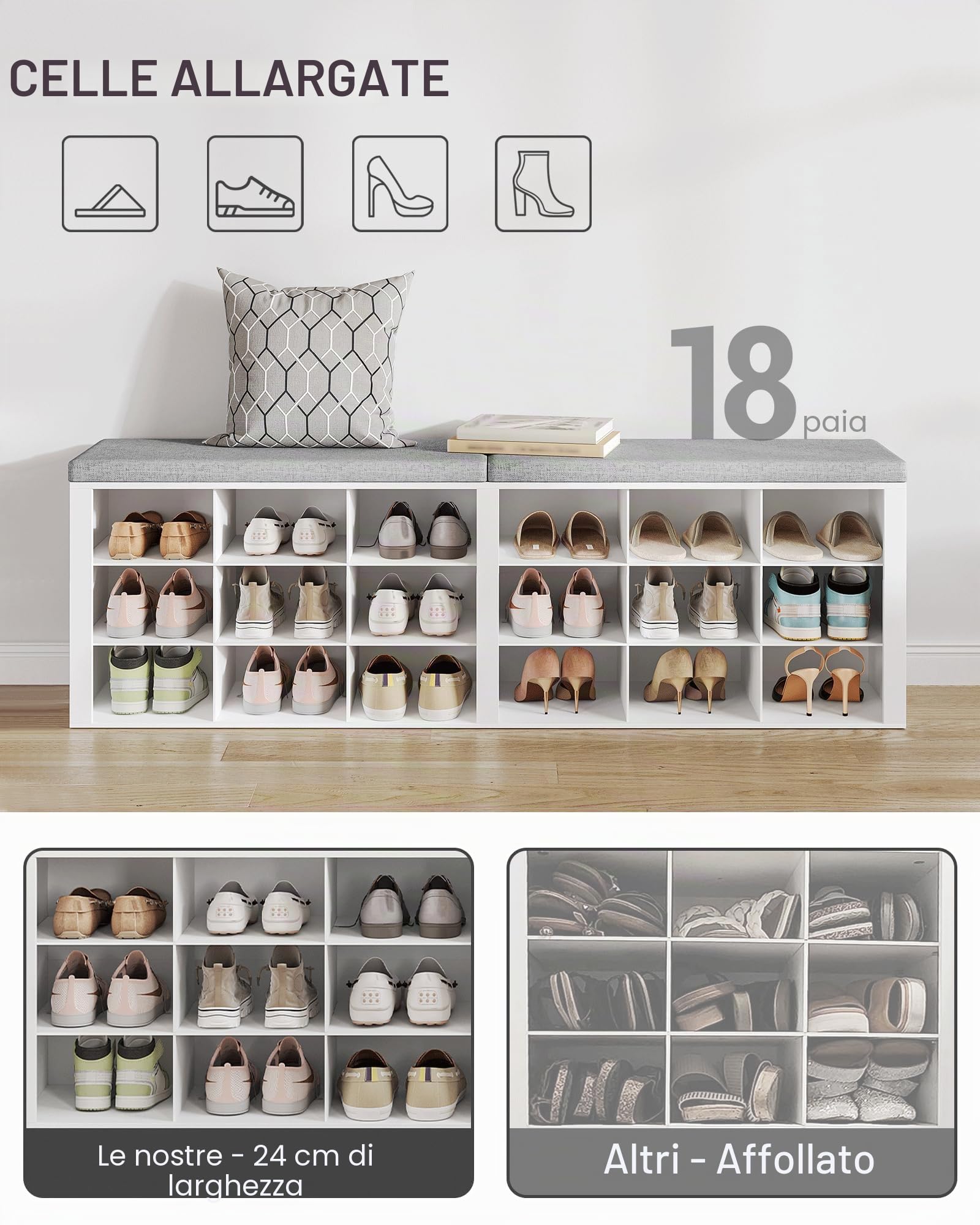 Hzuaneri Panca Scarpiera, 150 cm (w) scarpiera ingresso con Seduta Imbottita e 18 Scomparti, 30 x 150 x 48 cm, per Ingresso, Corridoio, Soggiorno, Camera da letto, Bianco e Grigio SB25703GY