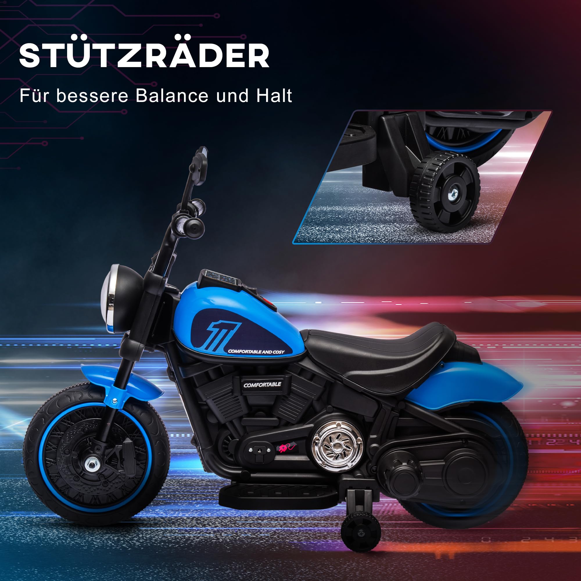 HOMCOM Elektro Kindermotorrad mit Scheinwerfer für Kinder 1,5-3 Jahre Blau | Elektromotorrad, 3 km/h Elektro Motorrad, 2 Stützräder