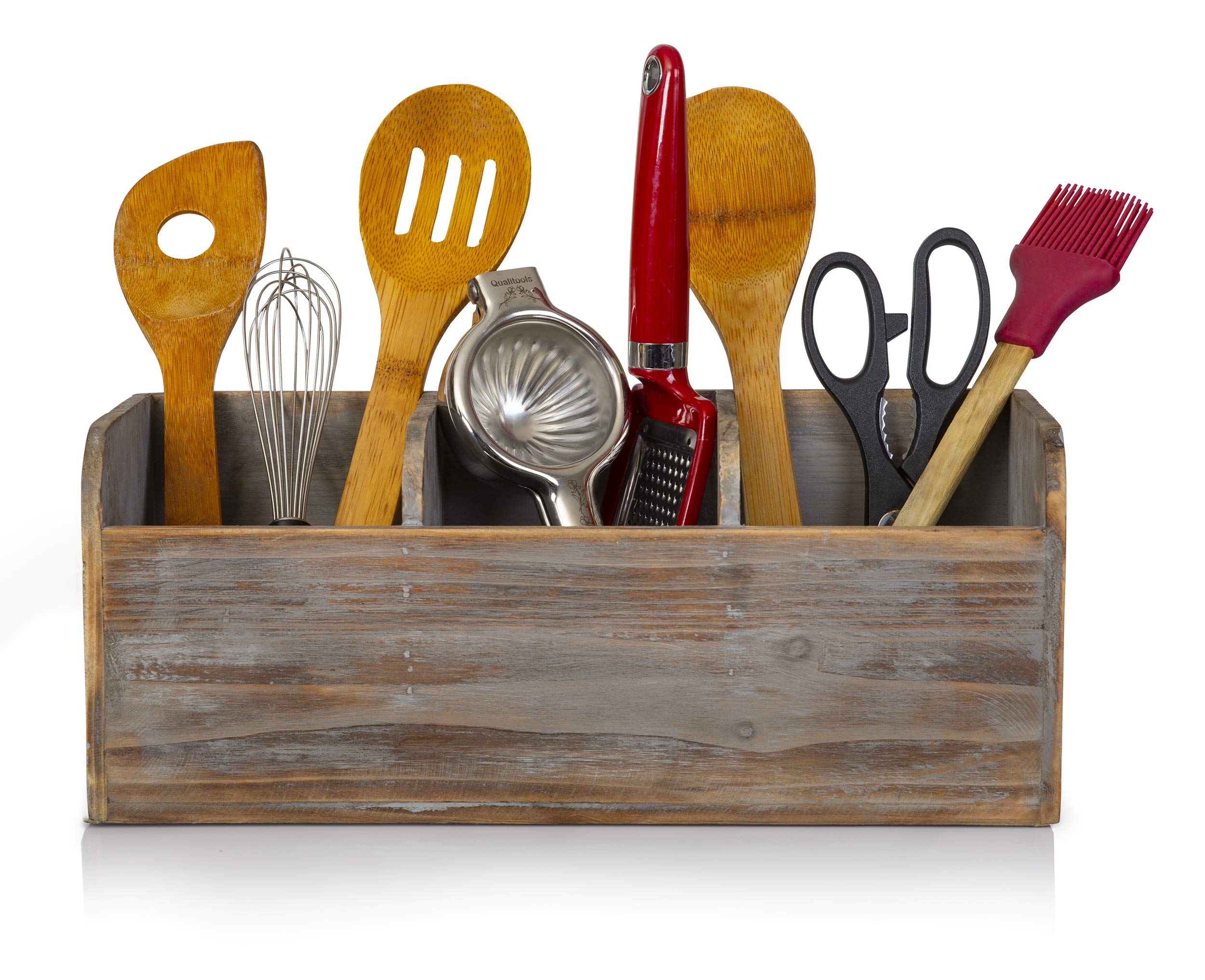 Buy Besti Wooden Kitchen Utensil Holder With 3 Compartments Torched