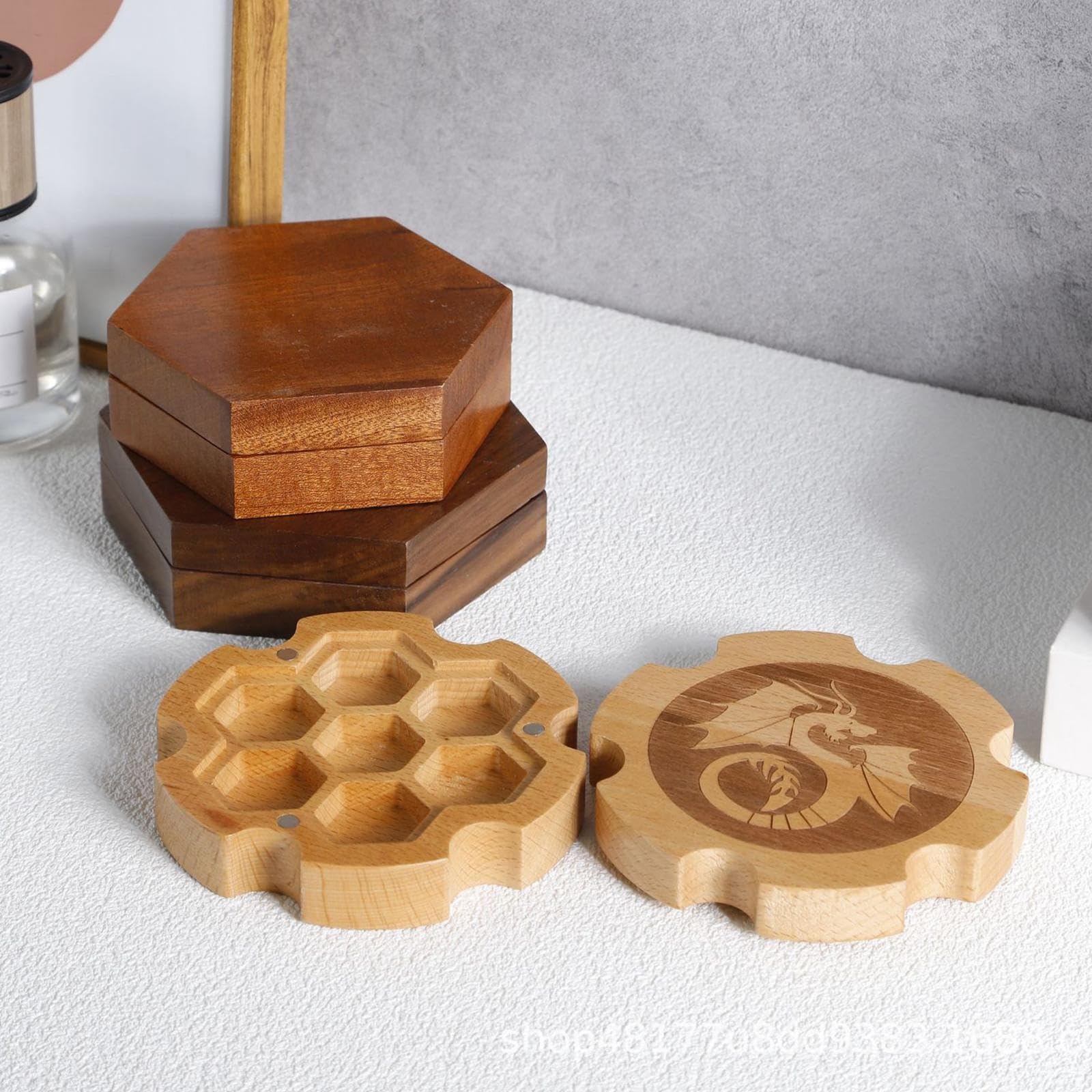 Würfelbox aus Holz, 3er-Set, 7 Stück, für Kinder und Erwachsene, Geschenk-Würfelbox mit Deckel, Buchenfarbe