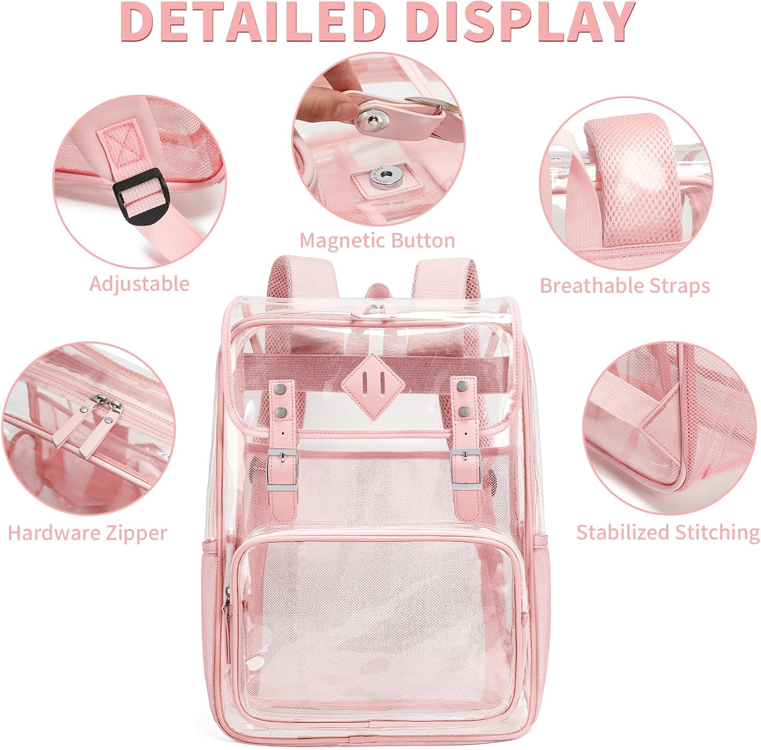 NEOREAL Clear Backpack Large Capacity Heavy Duty Transparent PVC Backpack with Leather Trim for Women College Work Travel