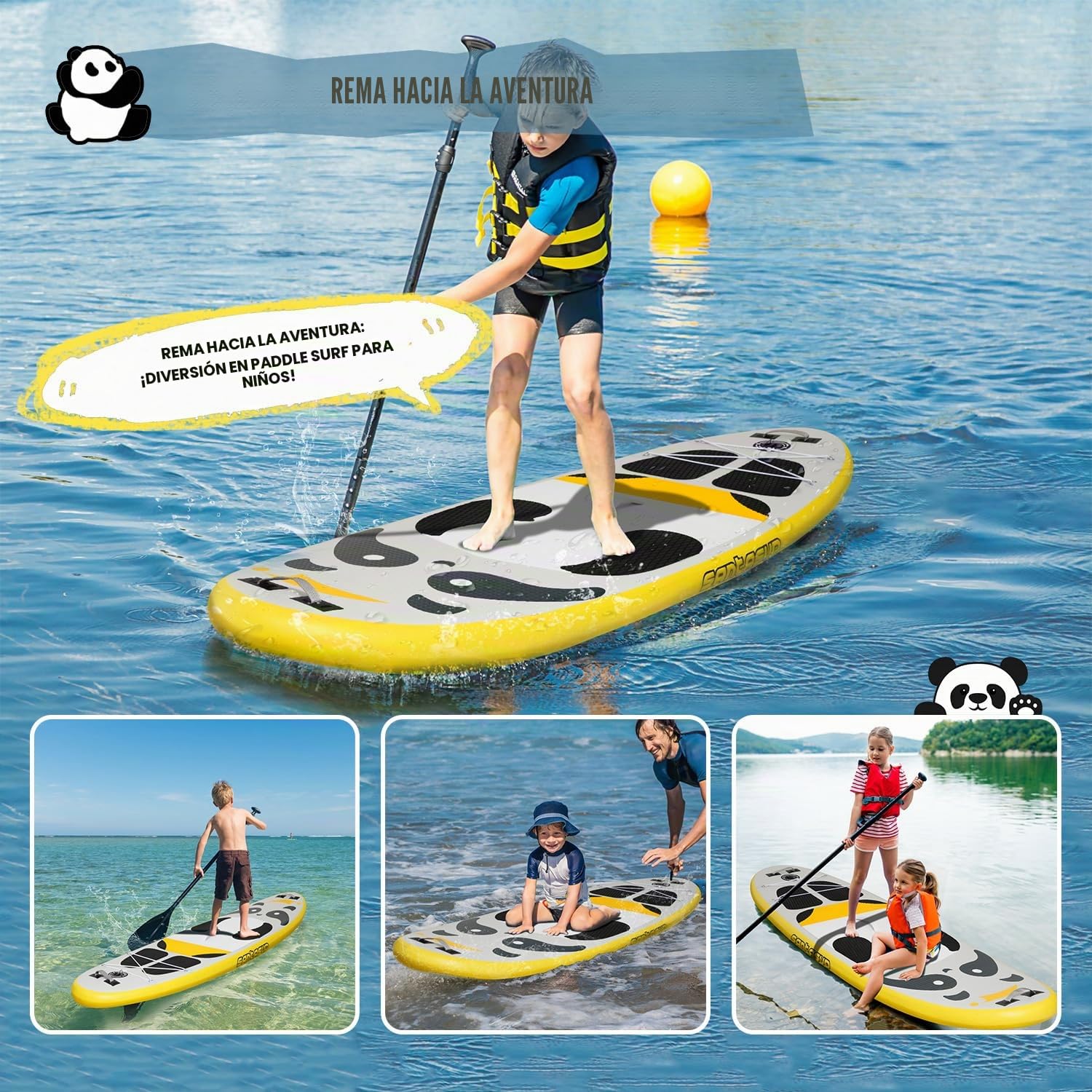 Tabla de Remo Inflable para niños, Panda Azul de 8 pies con Accesorios de Tabla de Remo para niños, Tabla de Remo Duradera, diseño Estable, Amplia Cubierta Antideslizante, Bomba de Mano para