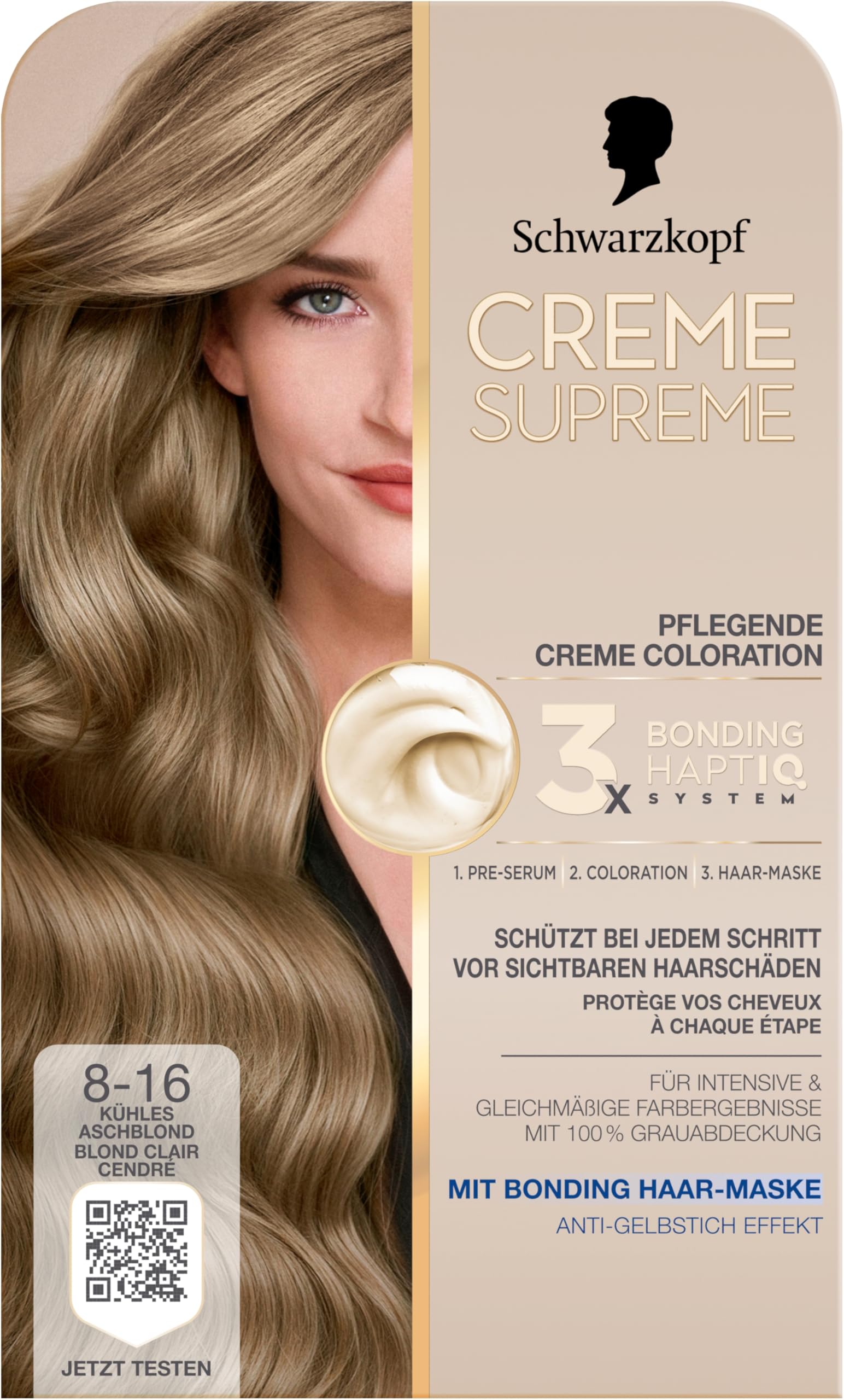 Schwarzkopf Creme Supreme Coloration 8-16 Kühles Aschblond (4x 182 ml), dauerhafte Haarfarbe mit Serum und Haar-Maske schützt vor sichtbaren Haarschäden, für 100% Grauabdeckung