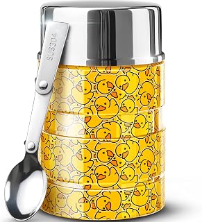 Earth&ME 17 OZ Soup Thermo for Hot & Cold Food for Kids, Vacuum Insulated Steel Lunch Container, Kids Wide Mouth Bento Thermal Food Jar, Warm Food Lunchbox Thermo Bowls with Spoon (Yellow Ducks)