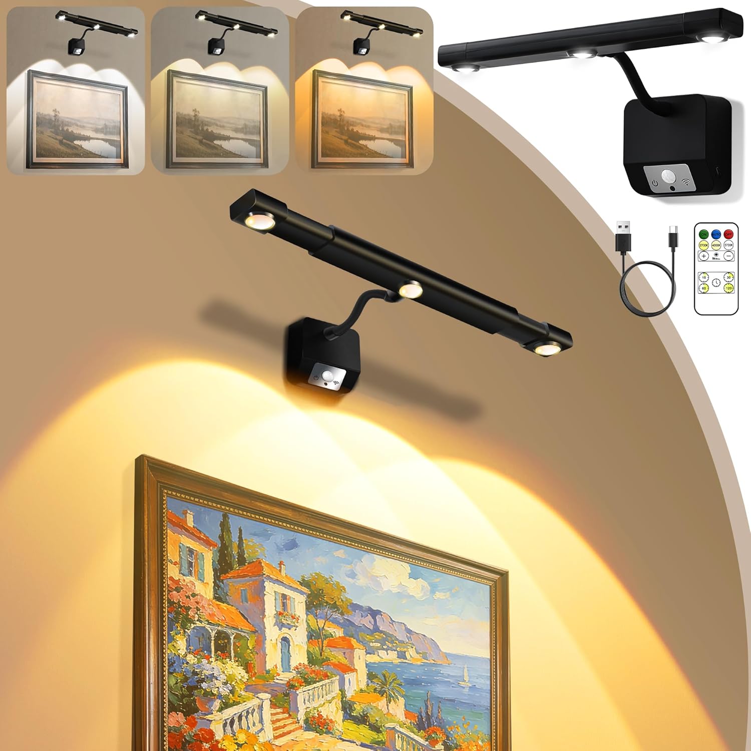 FluSing Motion Sensor Wireless Picture Lights for Wall, Dimmable Battery Operated Picture Light with Timer, Extendable Painting Light with Remote, 3 Color Temp, Rotatable Wall Art Light for Paintings