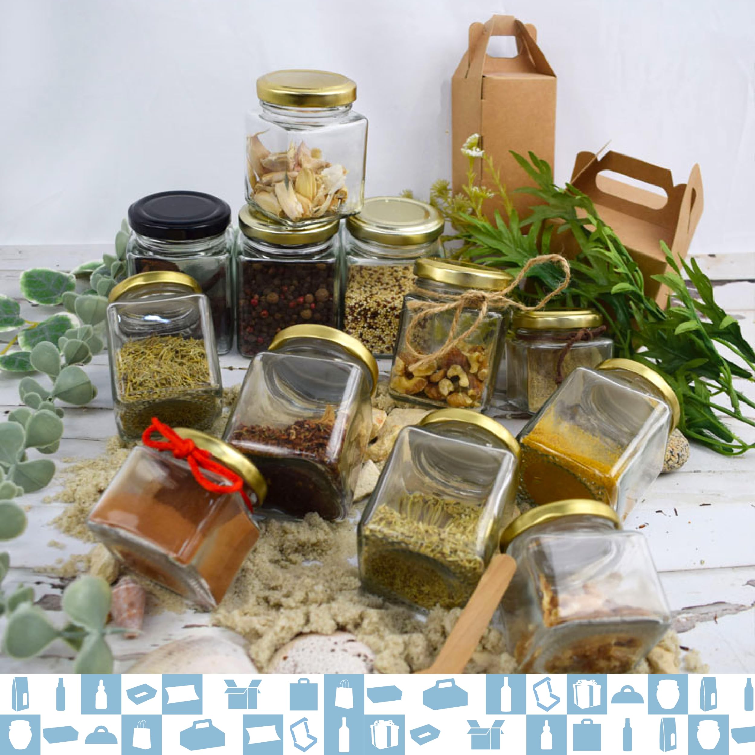 20 x Quadratisches Glas 150 ml mit Deckel + 20 Dosen + 20 Löffel aus Holz + 20 Etiketten aus Kraftpapier + 20 selbstklebende Etiketten + Stoff und Juteschnur – Gewürze, Marmelade, Joghurt, 20 Stück
