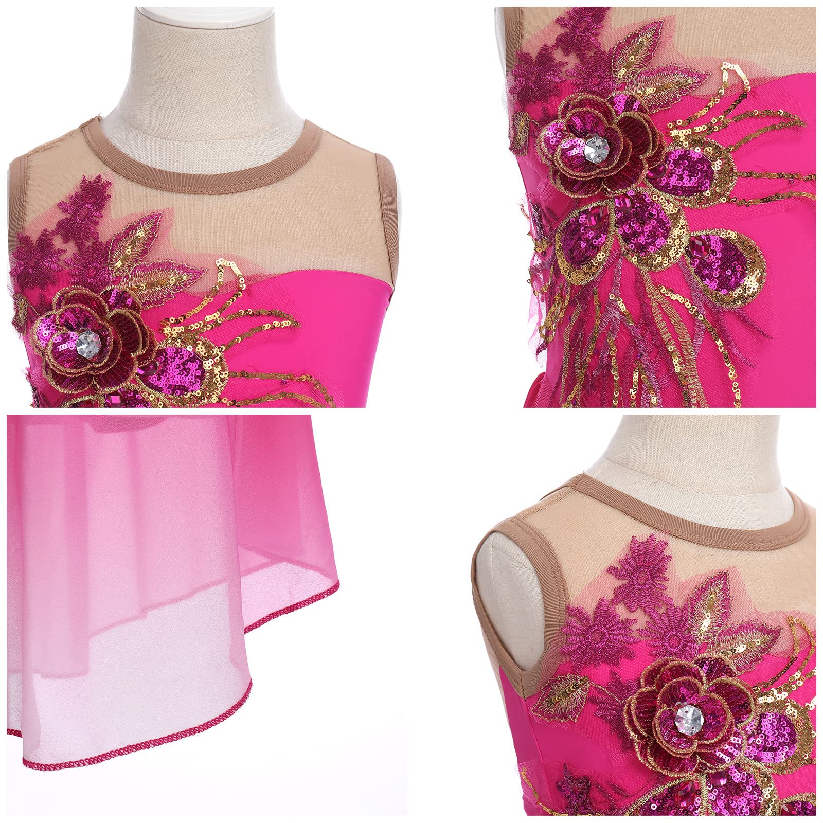 Vestito da pattinaggio artistico per bambine, senza maniche, con paillette e paillette, con fiori, in tulle, per balletto, ballerina, anni