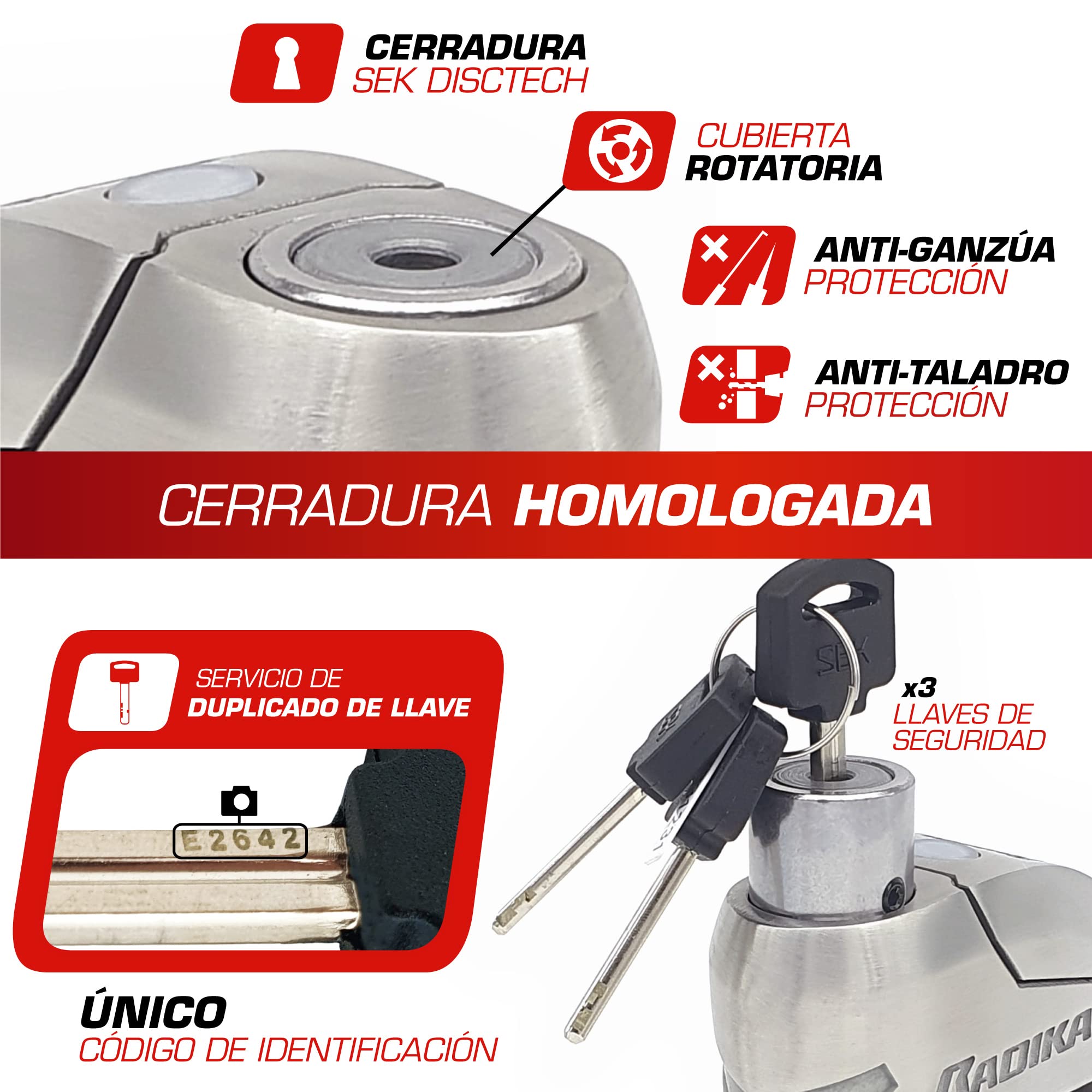 RADIKAL RK14S Candado Moto Disco Premium con Alarma | Activación Opcional, 120dB, Alerta LED, Warning Pre-alarma | Antirrobo Homologado SRA Alta Seguridad Pinza Cepo Acero Inoxidable Doble Cierre 14mm